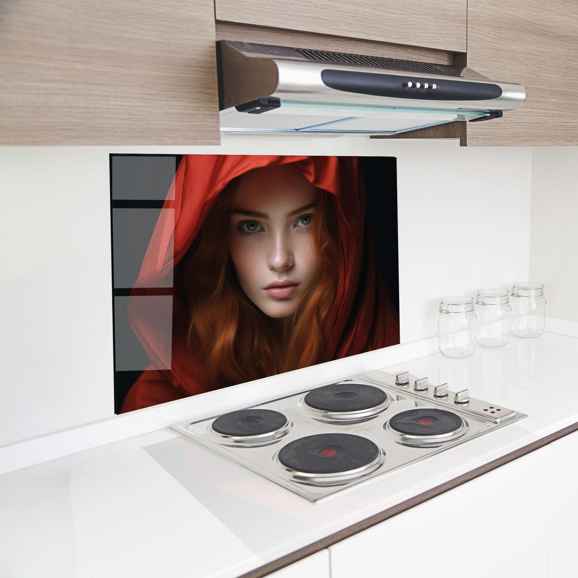 Küchenrückwand Glas Red Hood Portrait mockup 8