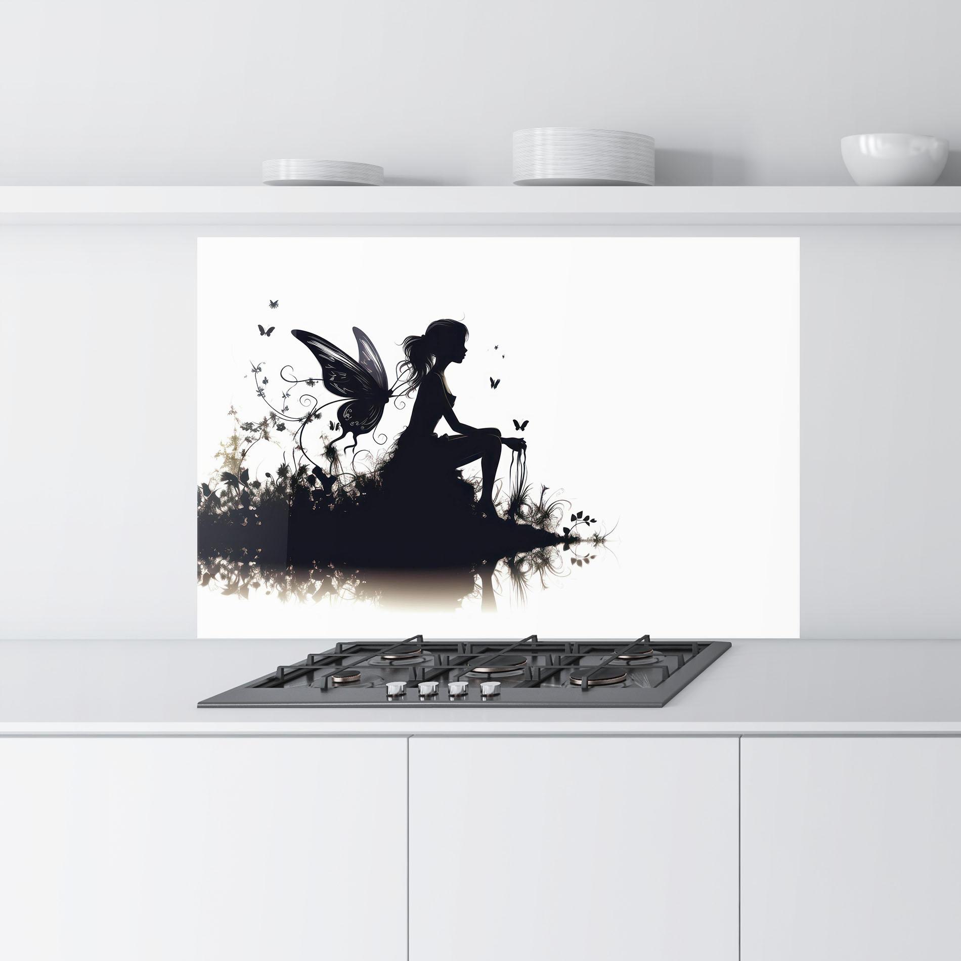 Küchenrückwand Glas Butterfly Woman Shilouette mockup 9