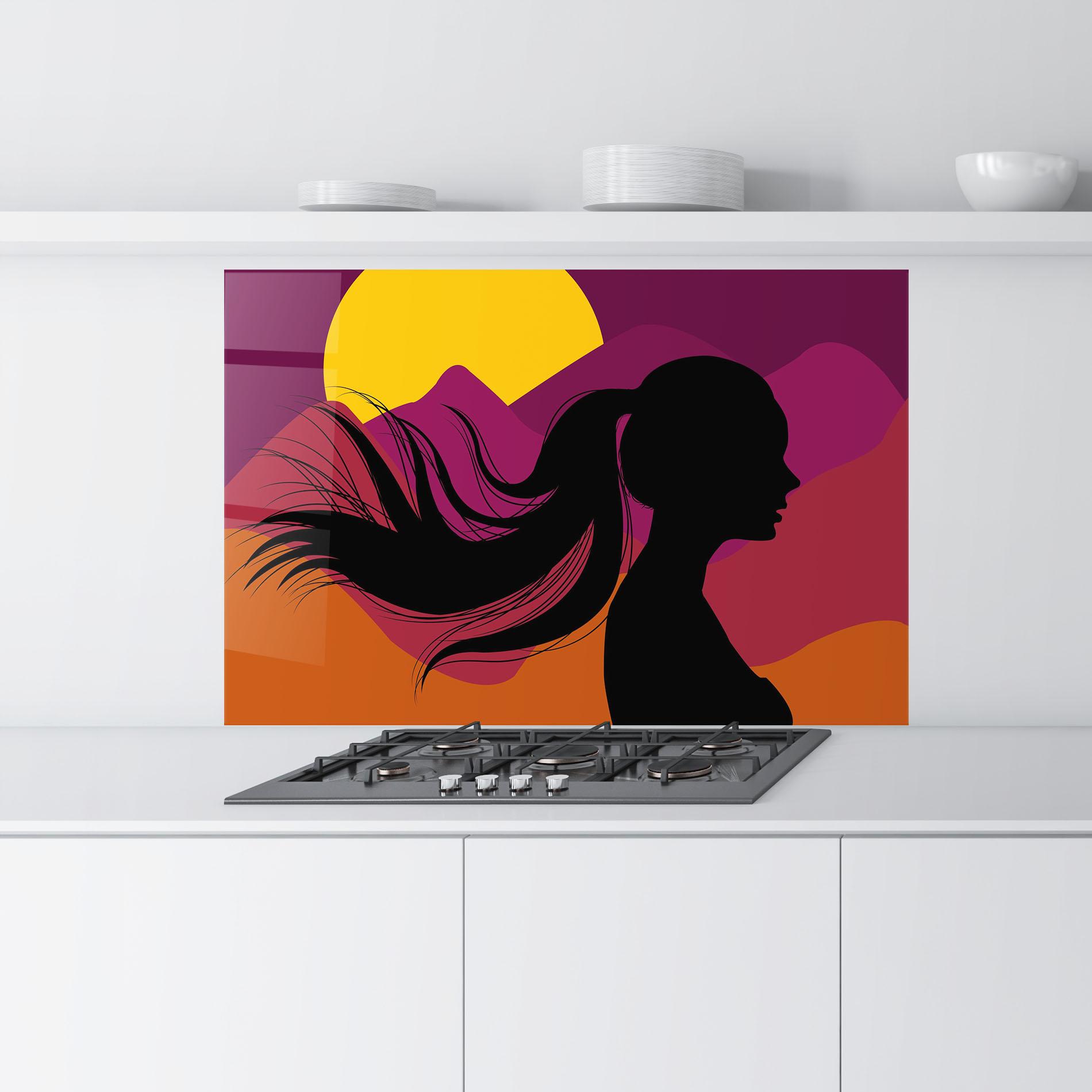 Küchenrückwand Glas Long Hair Silhouette mockup 9