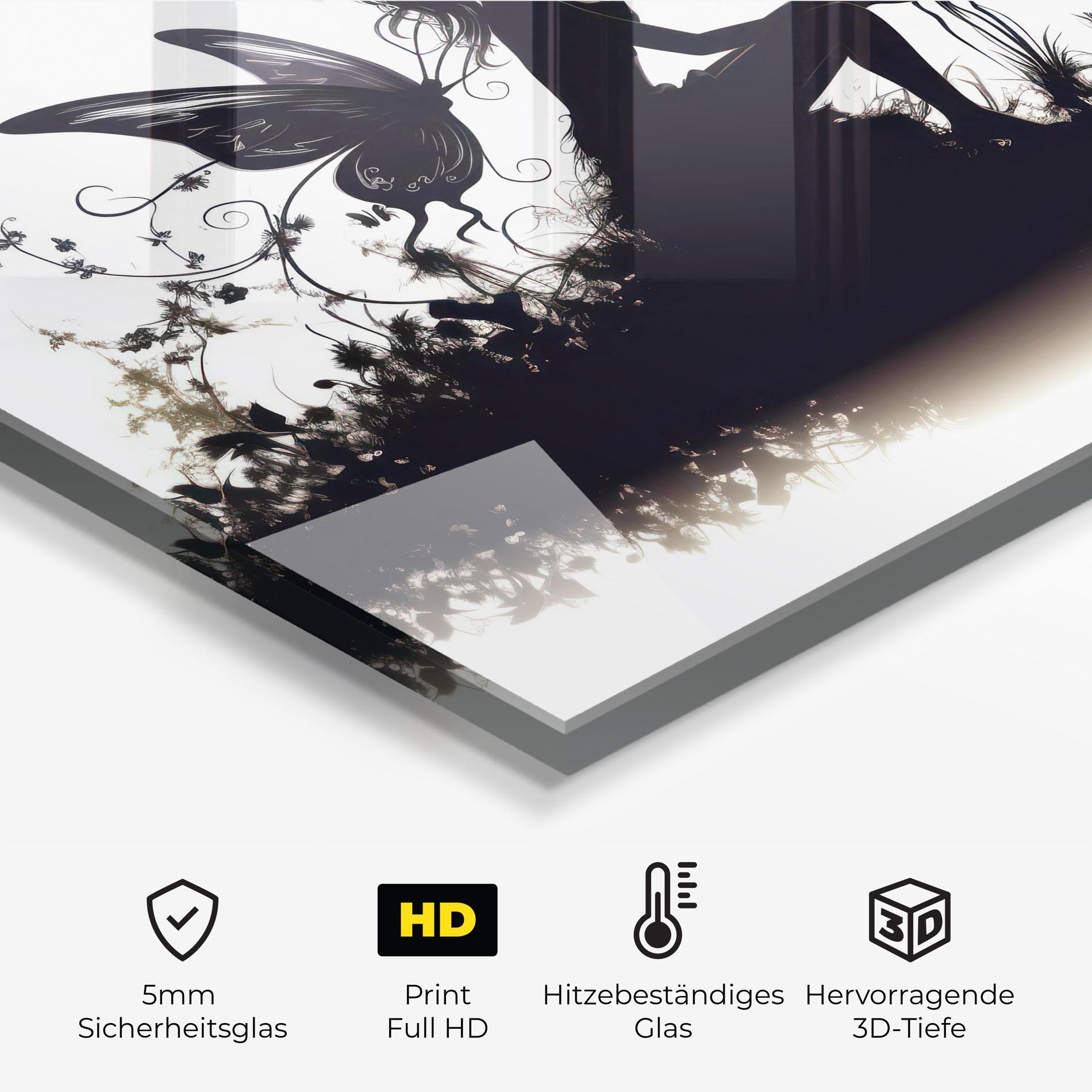 Küchenrückwand Glas Butterfly Woman Shilouette mockup 2