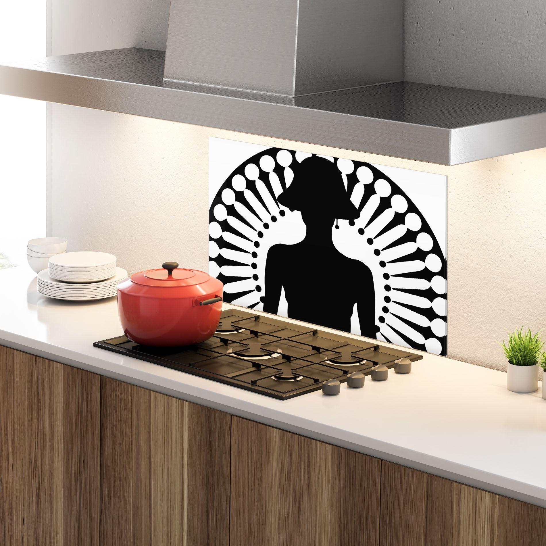 Küchenrückwand Glas Black Shilouette Lady mockup 4