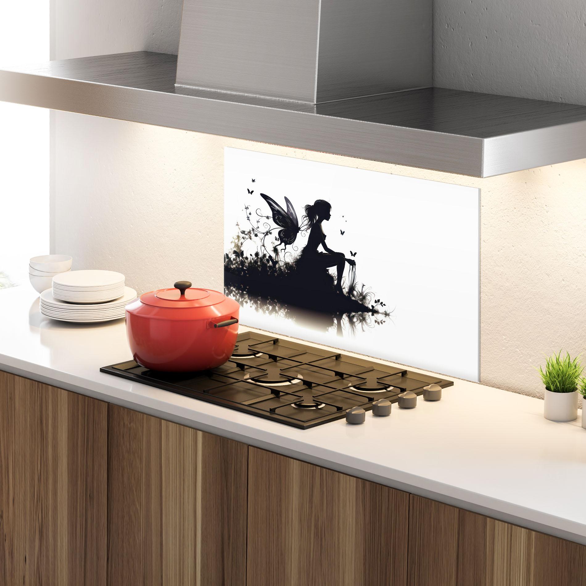 Küchenrückwand Glas Butterfly Woman Shilouette mockup 4