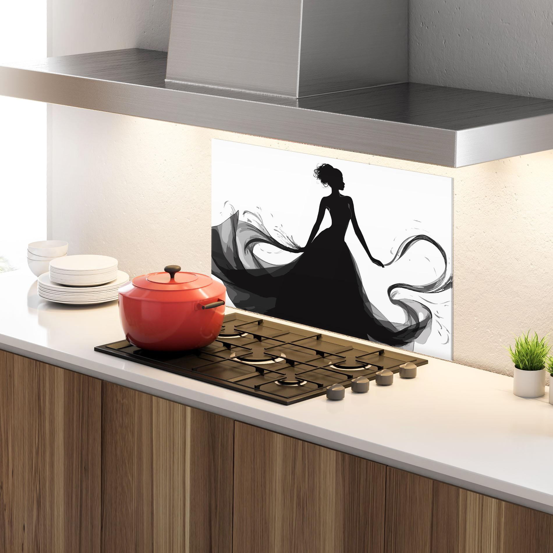 Küchenrückwand Glas Pretty Black Dress mockup 4