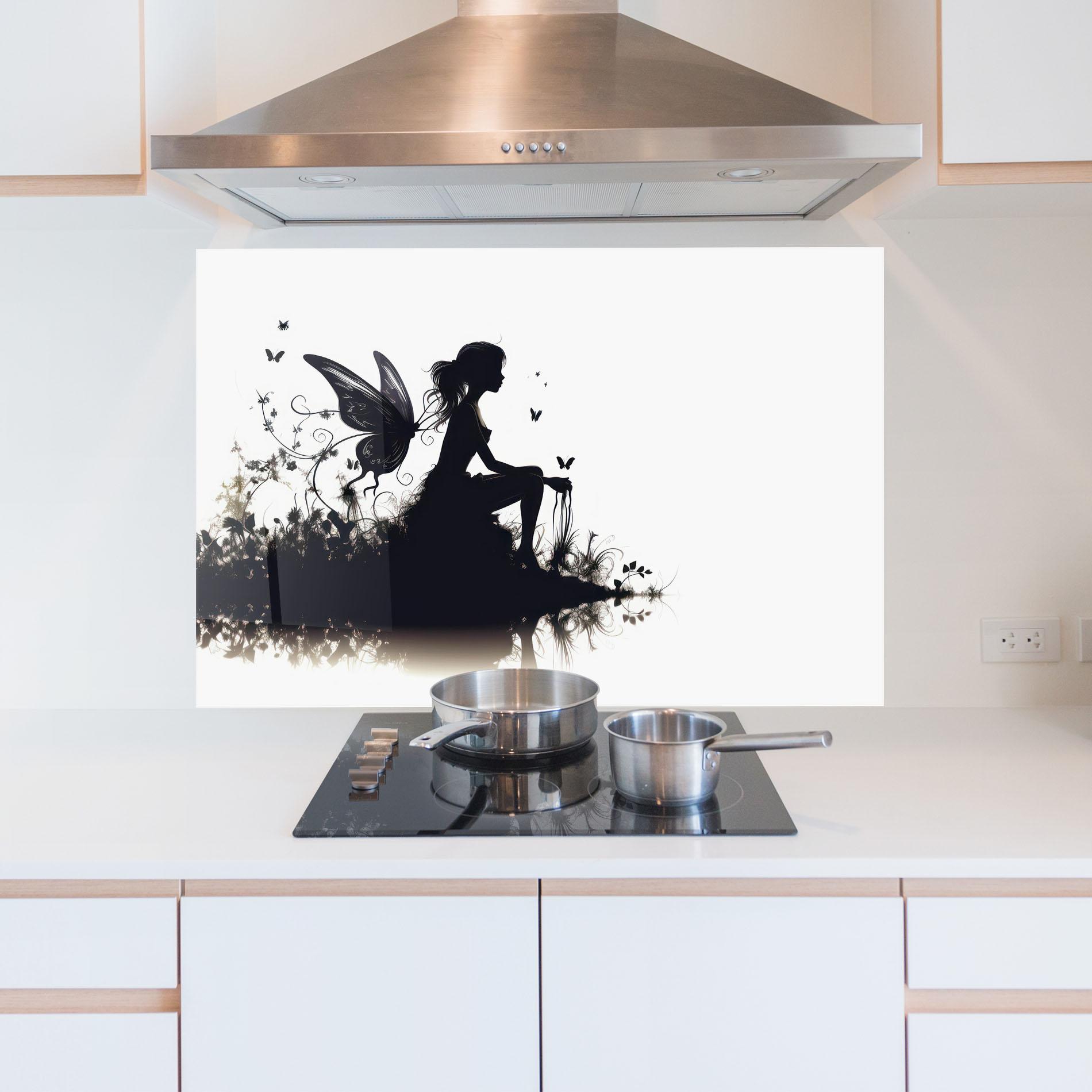 Küchenrückwand Glas Butterfly Woman Shilouette mockup 5