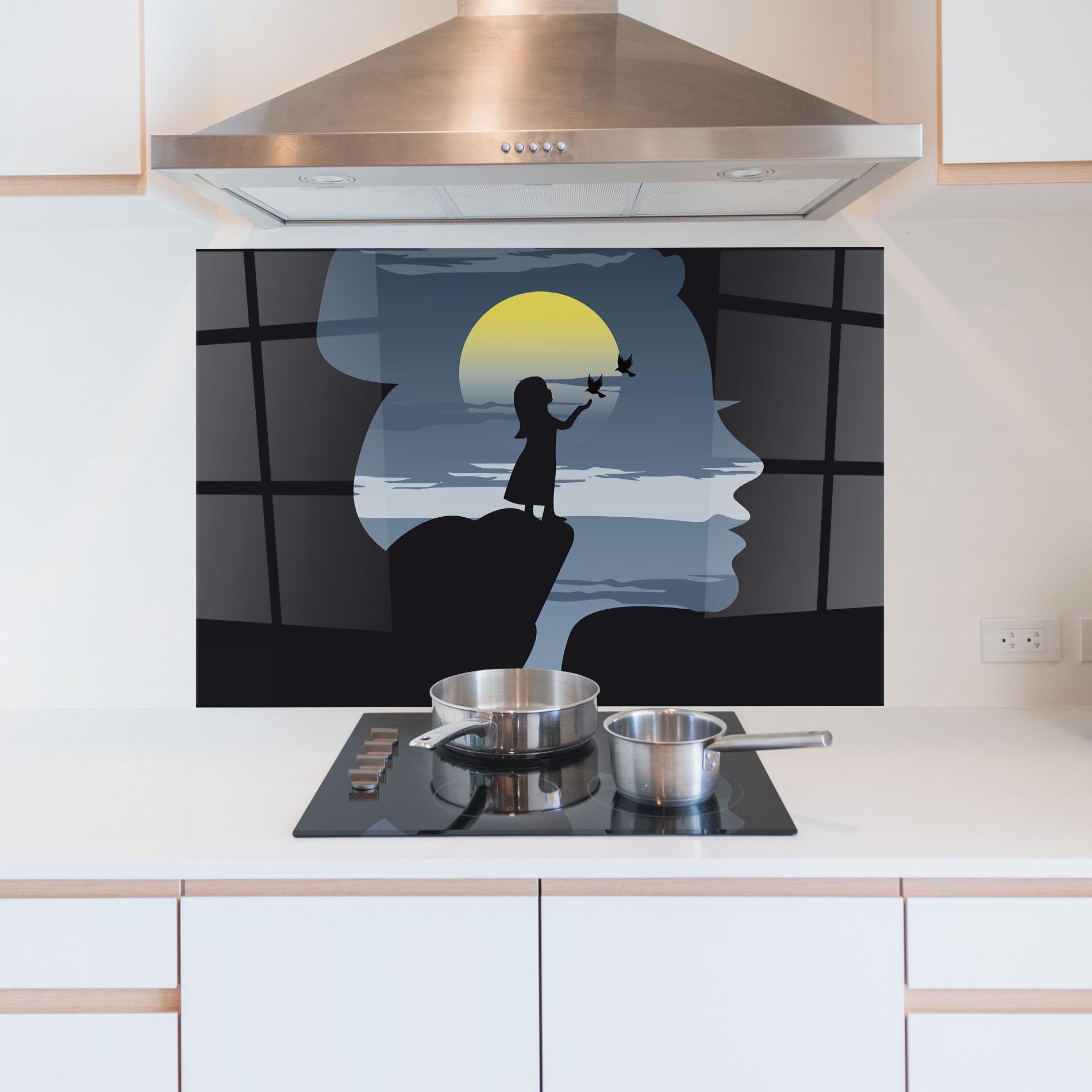 Küchenrückwand Glas Little Girl Birds mockup 5