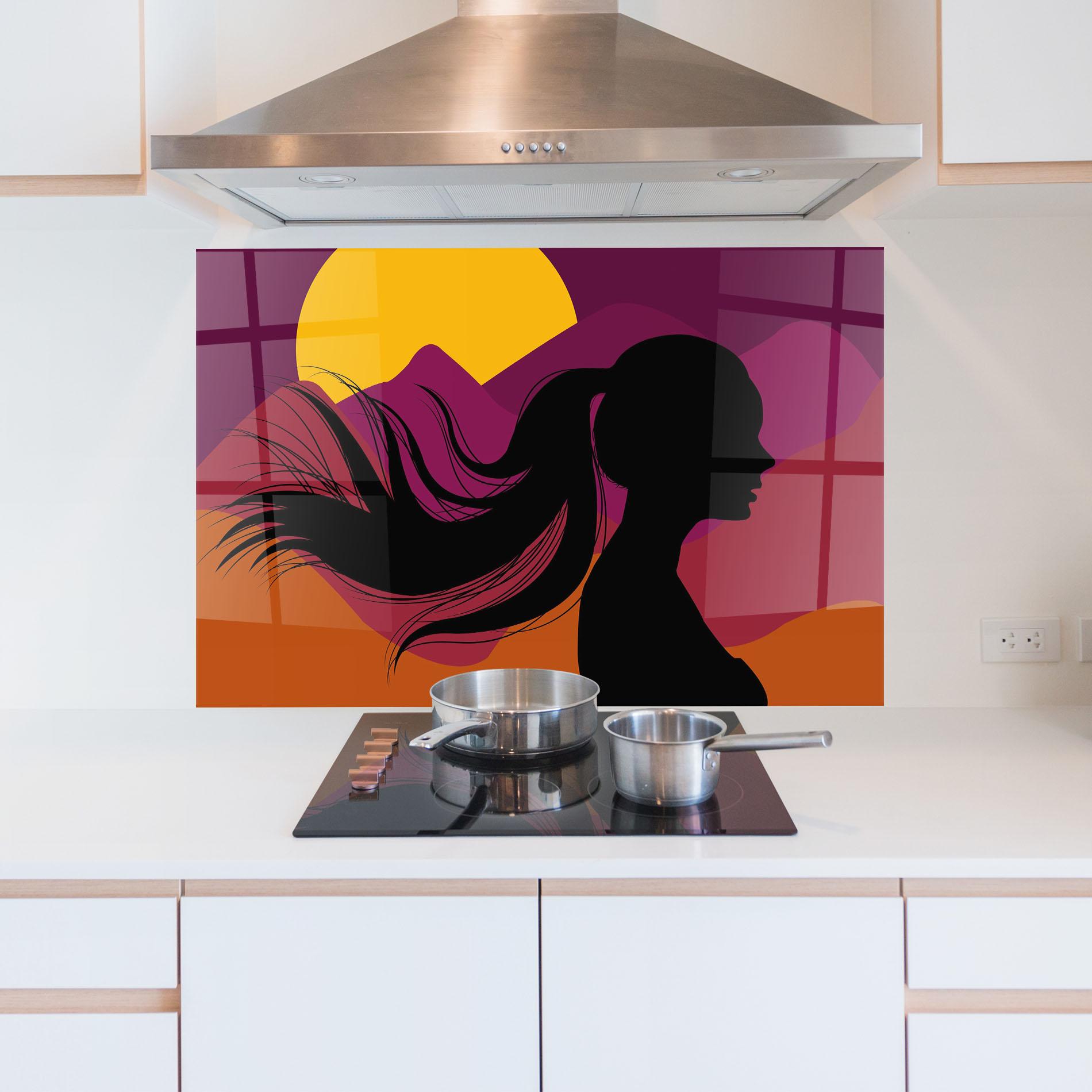 Küchenrückwand Glas Long Hair Silhouette mockup 5