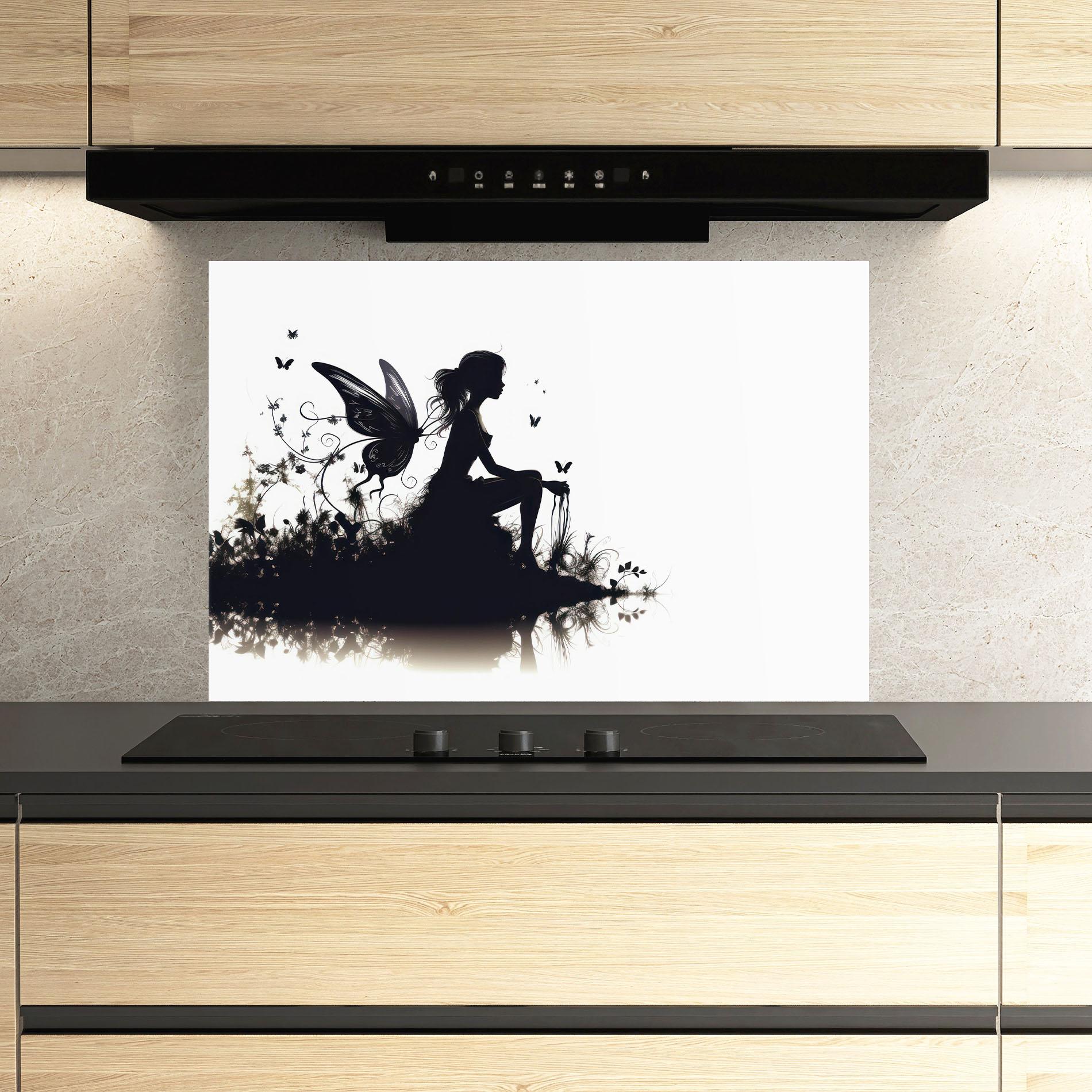 Küchenrückwand Glas Butterfly Woman Shilouette mockup 3
