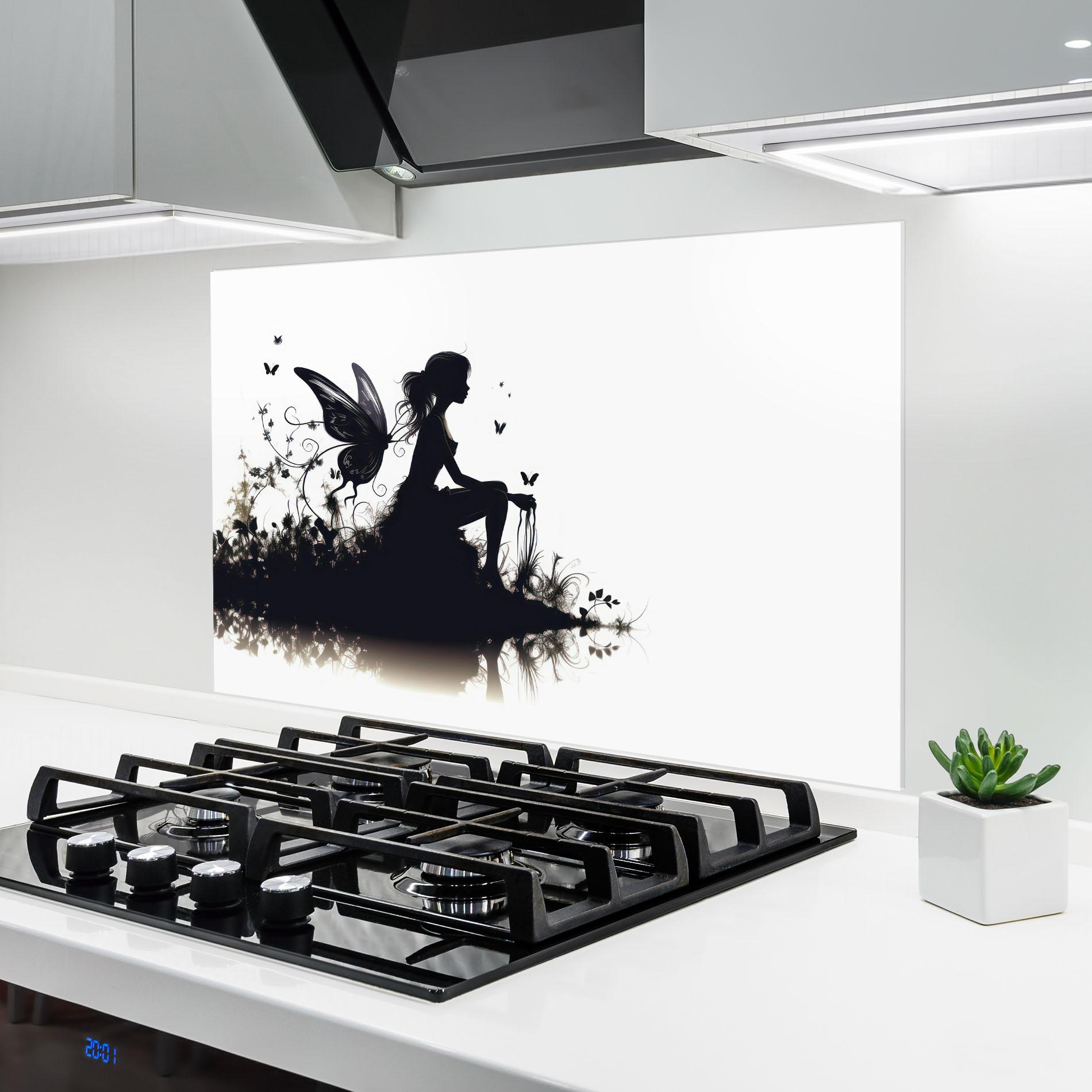 Küchenrückwand Glas Butterfly Woman Shilouette mockup 6