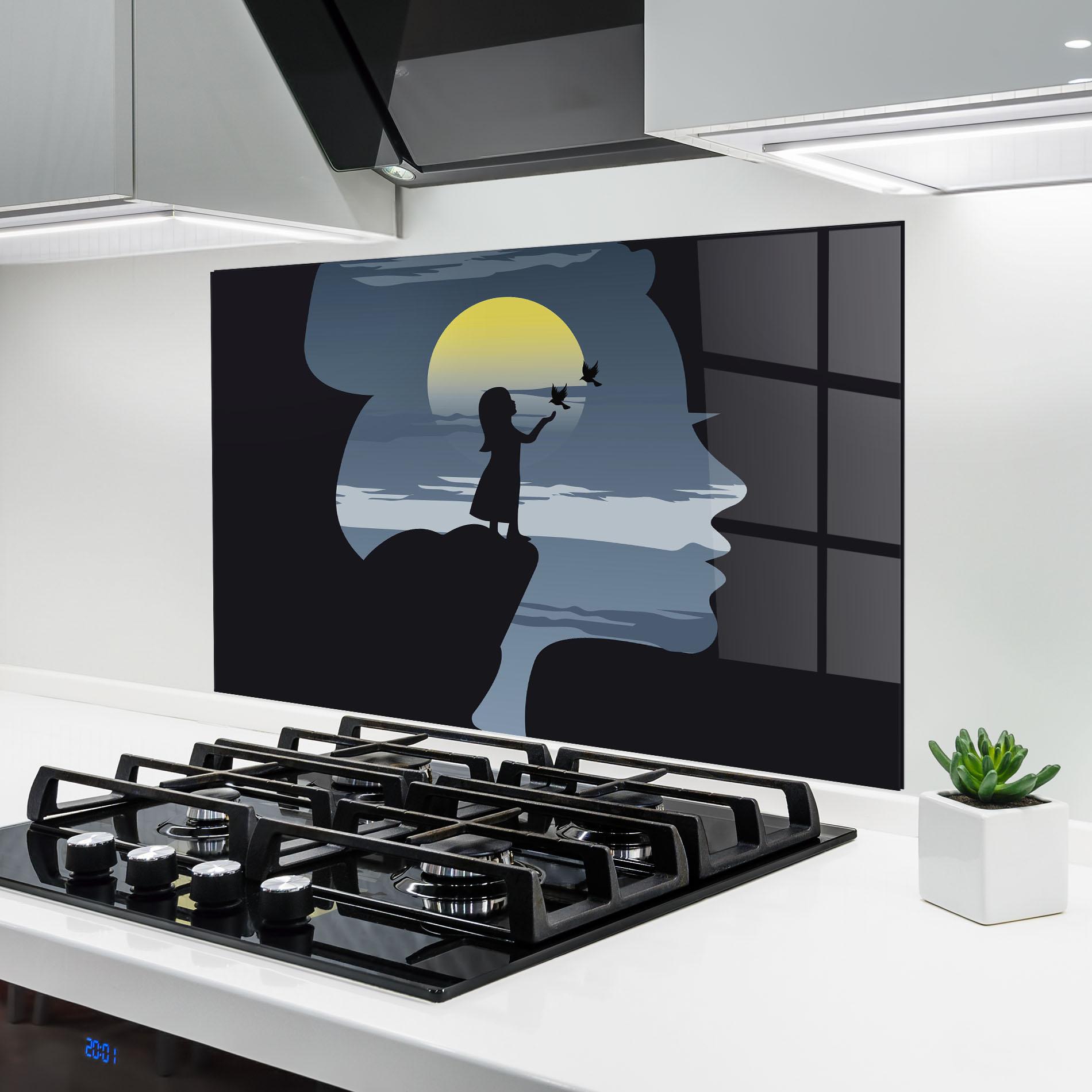 Küchenrückwand Glas Little Girl Birds mockup 6