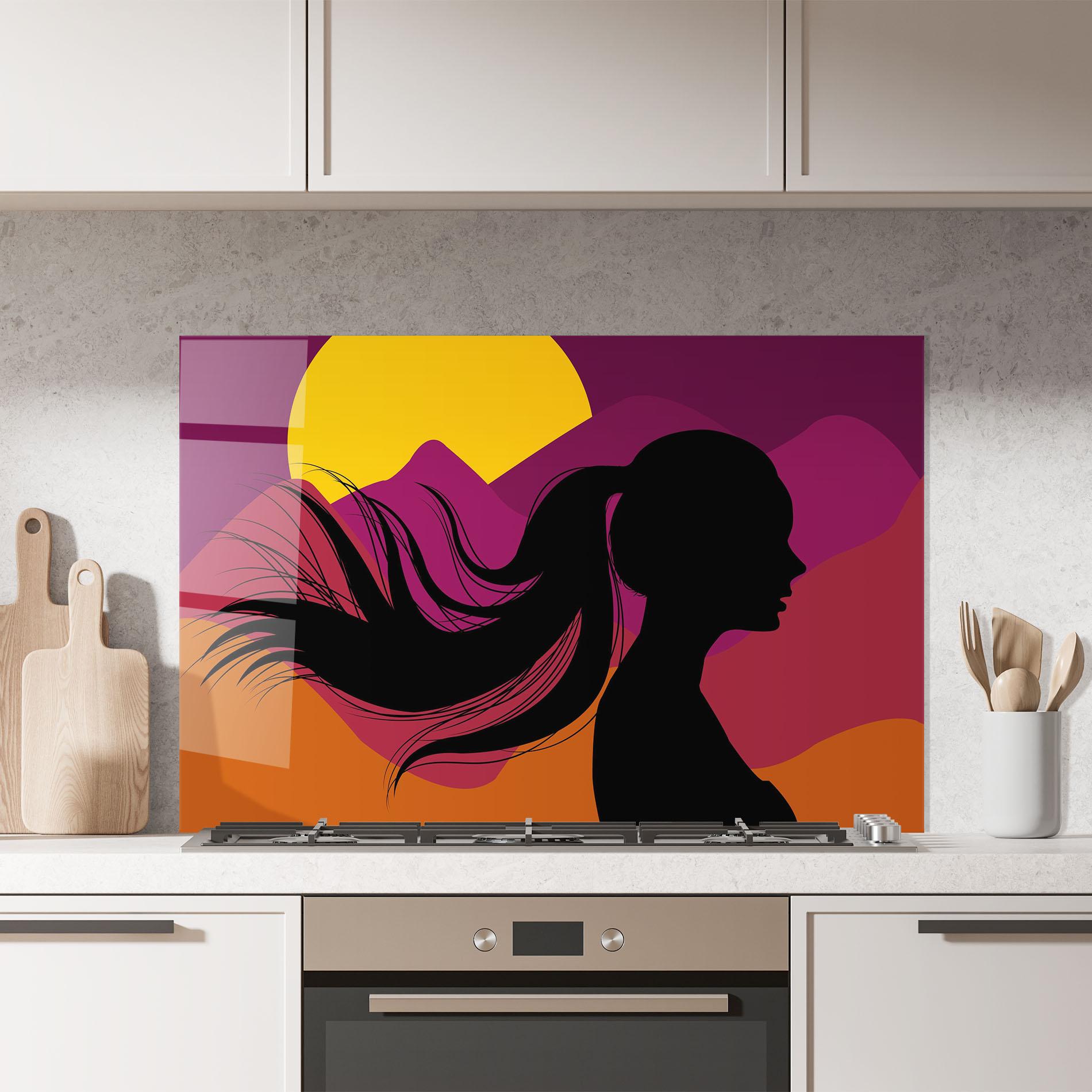 Küchenrückwand Glas Long Hair Silhouette mockup 7