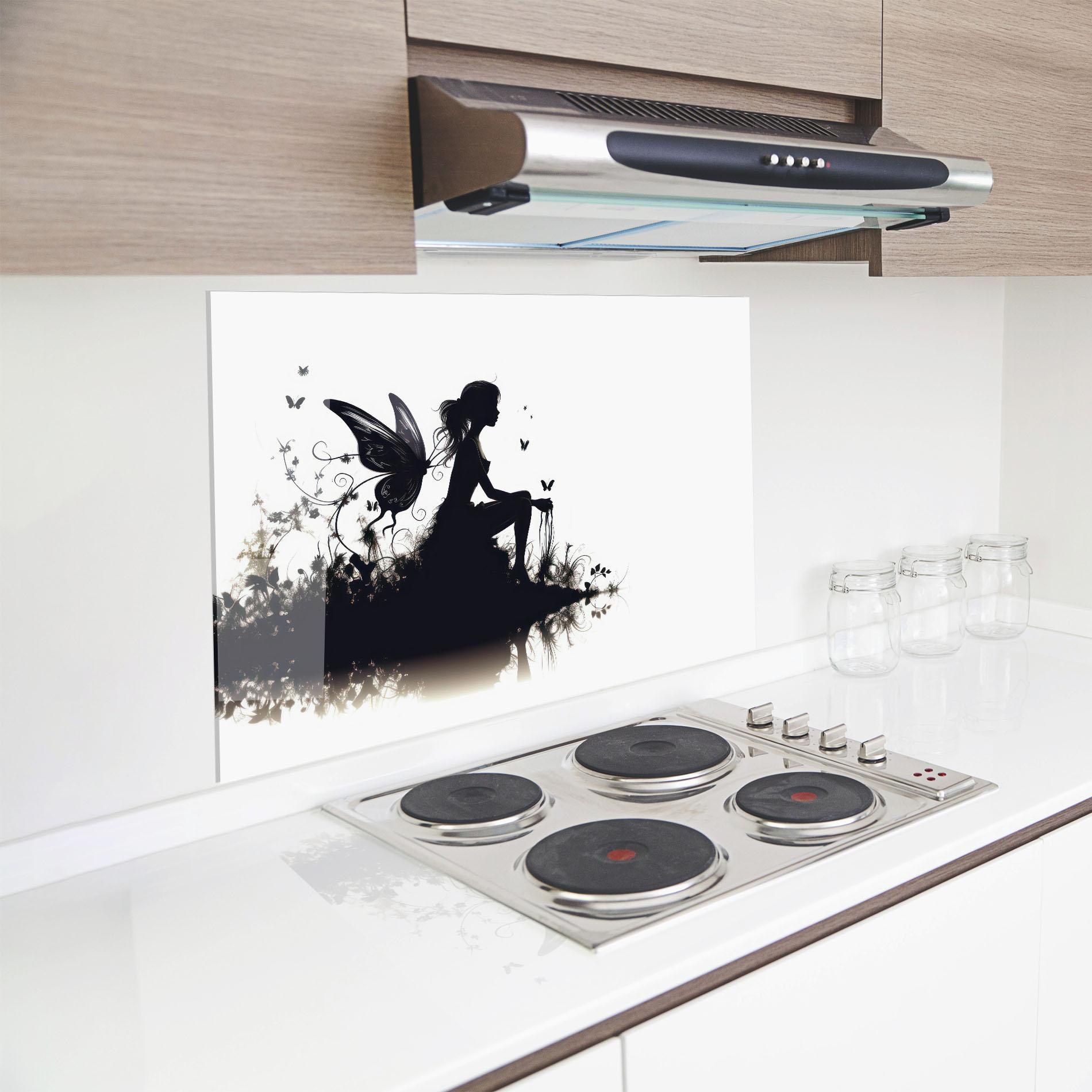 Küchenrückwand Glas Butterfly Woman Shilouette mockup 8