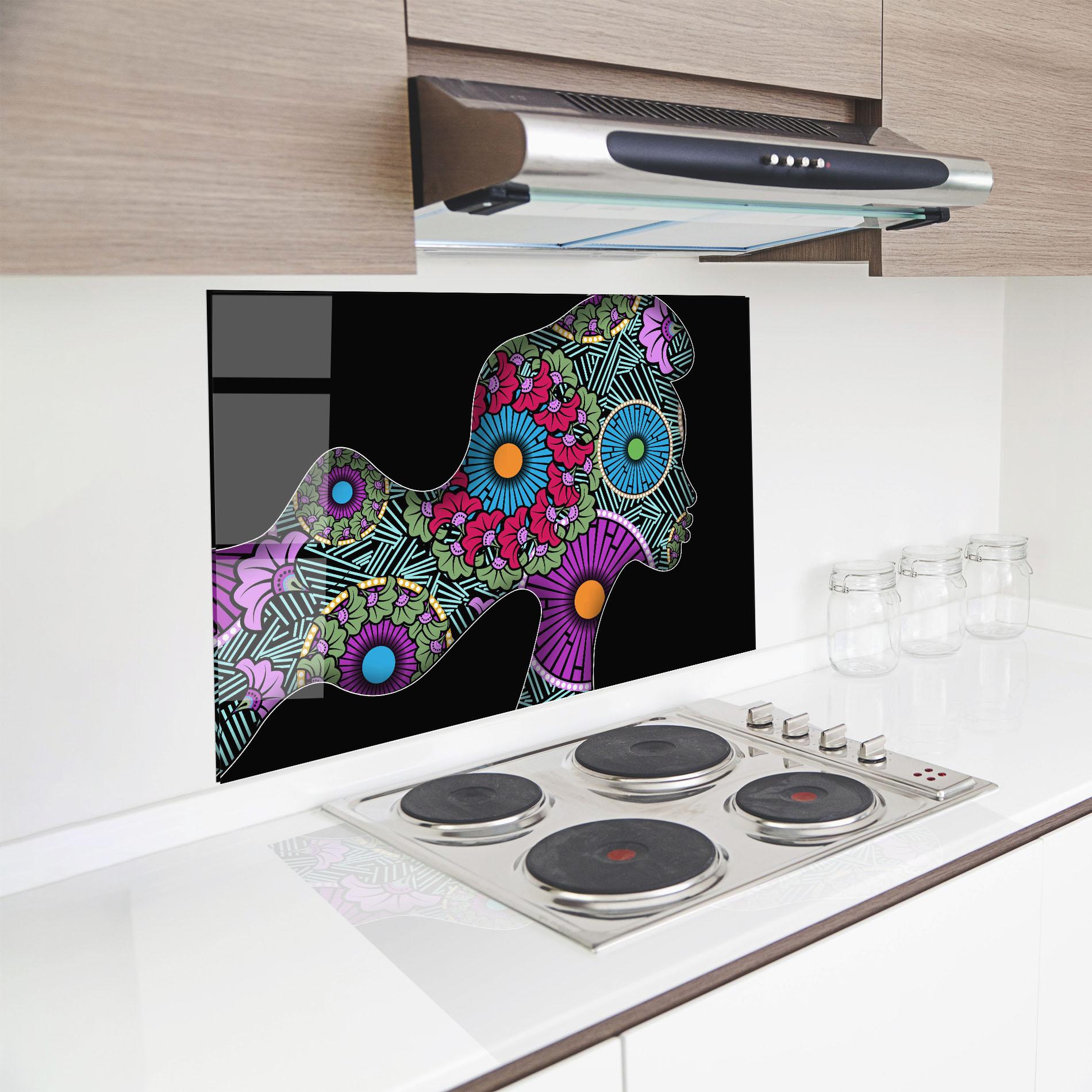 Küchenrückwand Glas Colorful Shilouette mockup 8