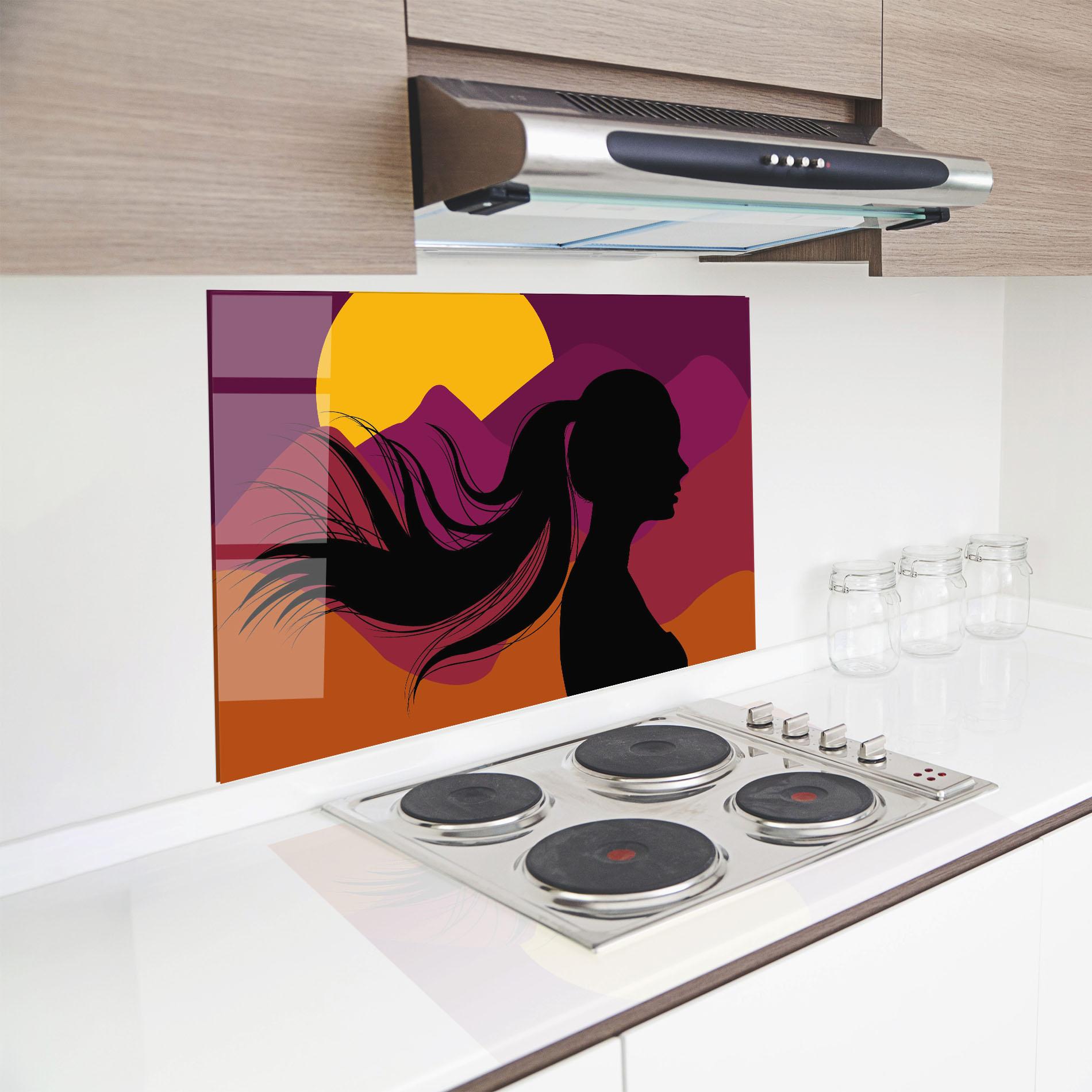 Küchenrückwand Glas Long Hair Silhouette mockup 8