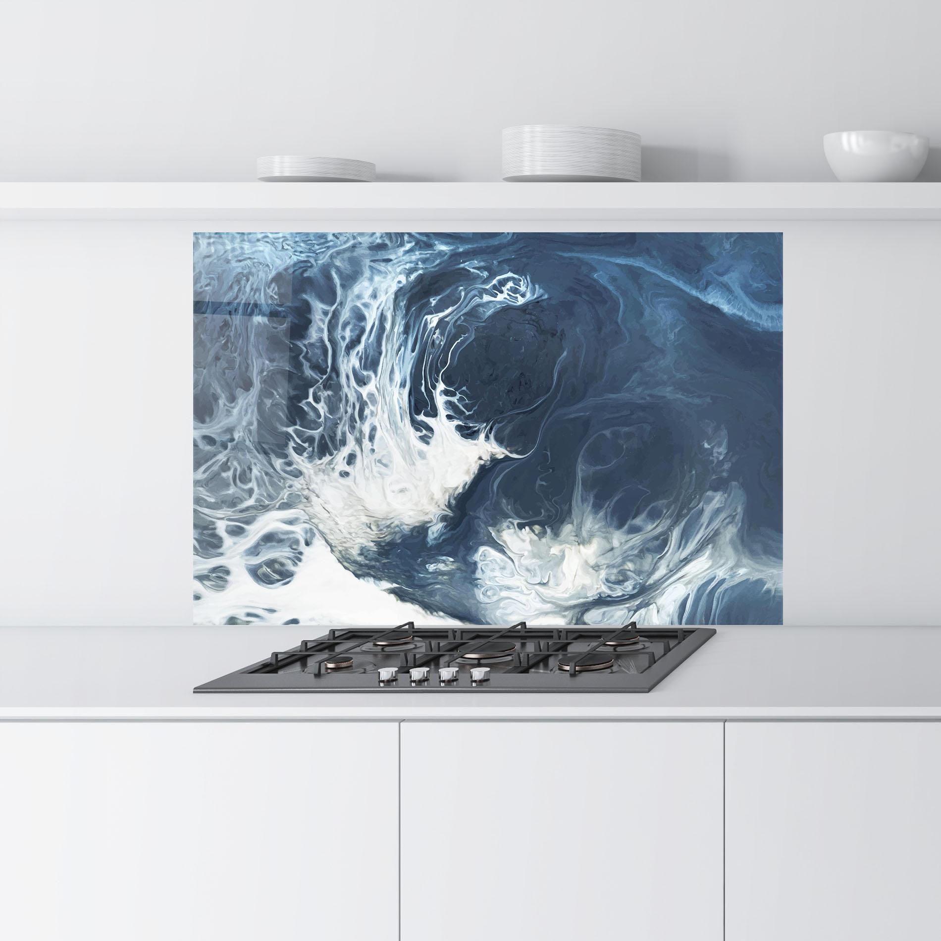 Küchenrückwand Glas Blue White Waves mockup 9