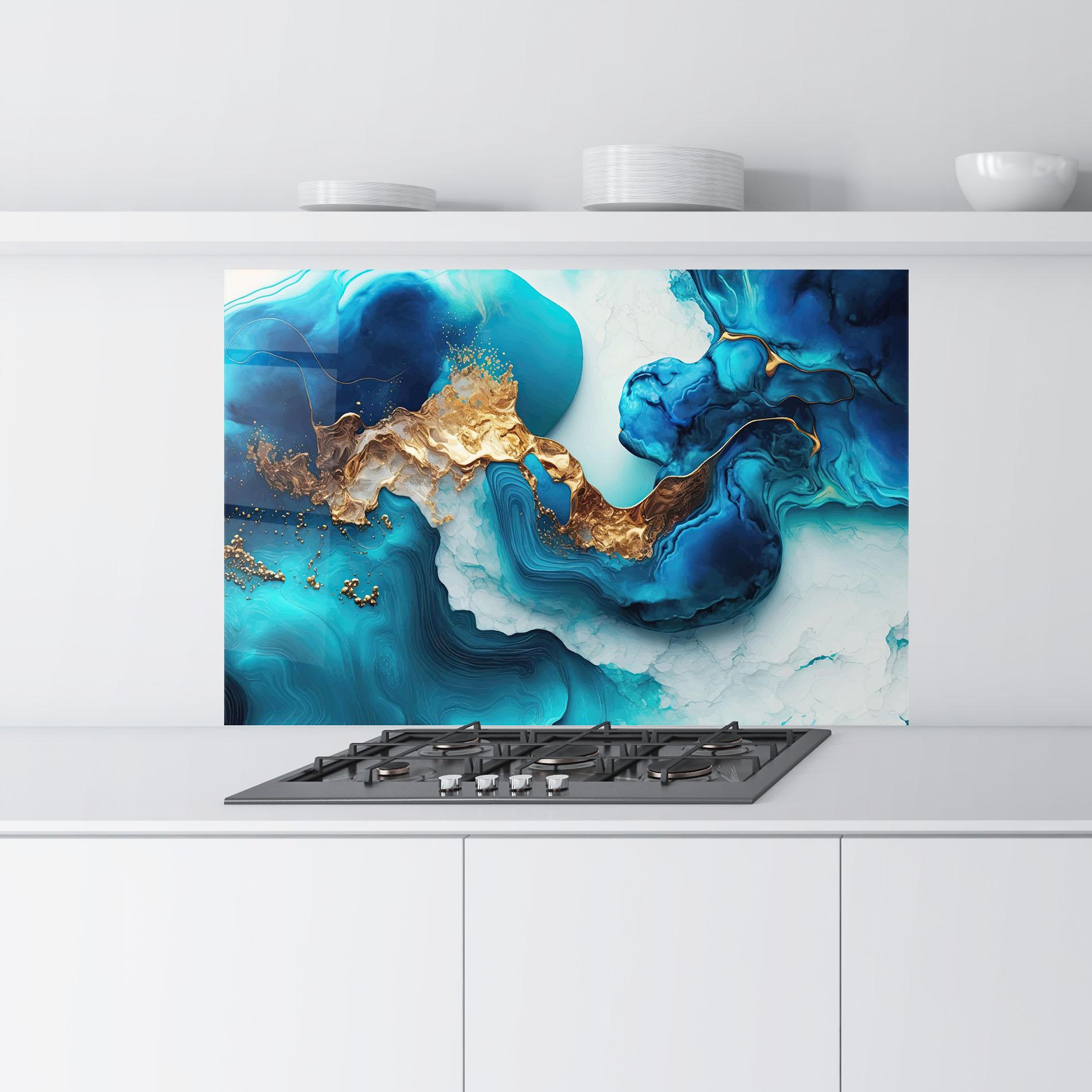 Küchenrückwand Glas Gold Blue Art Wave mockup 9