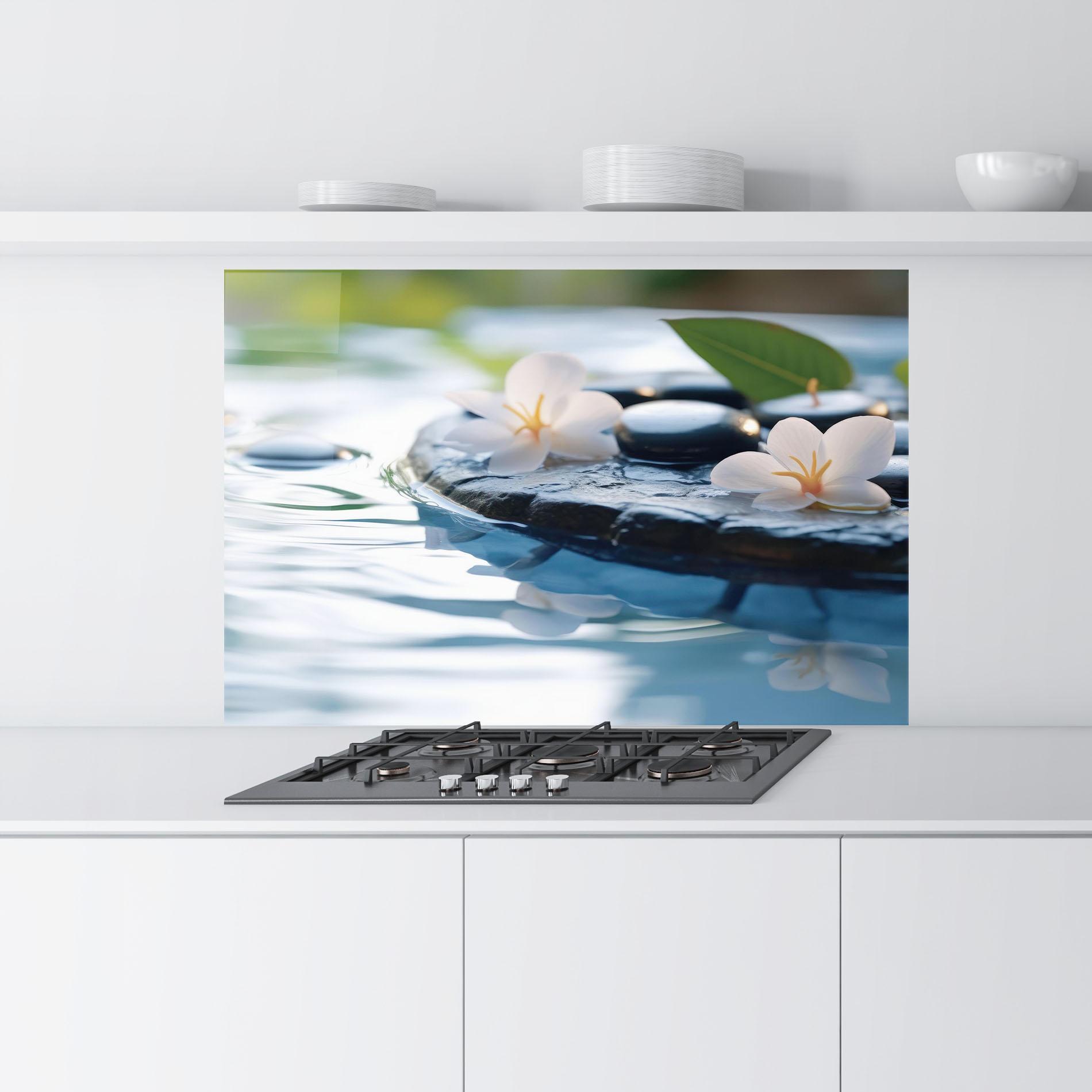 Küchenrückwand Glas Water White Flowers mockup 9