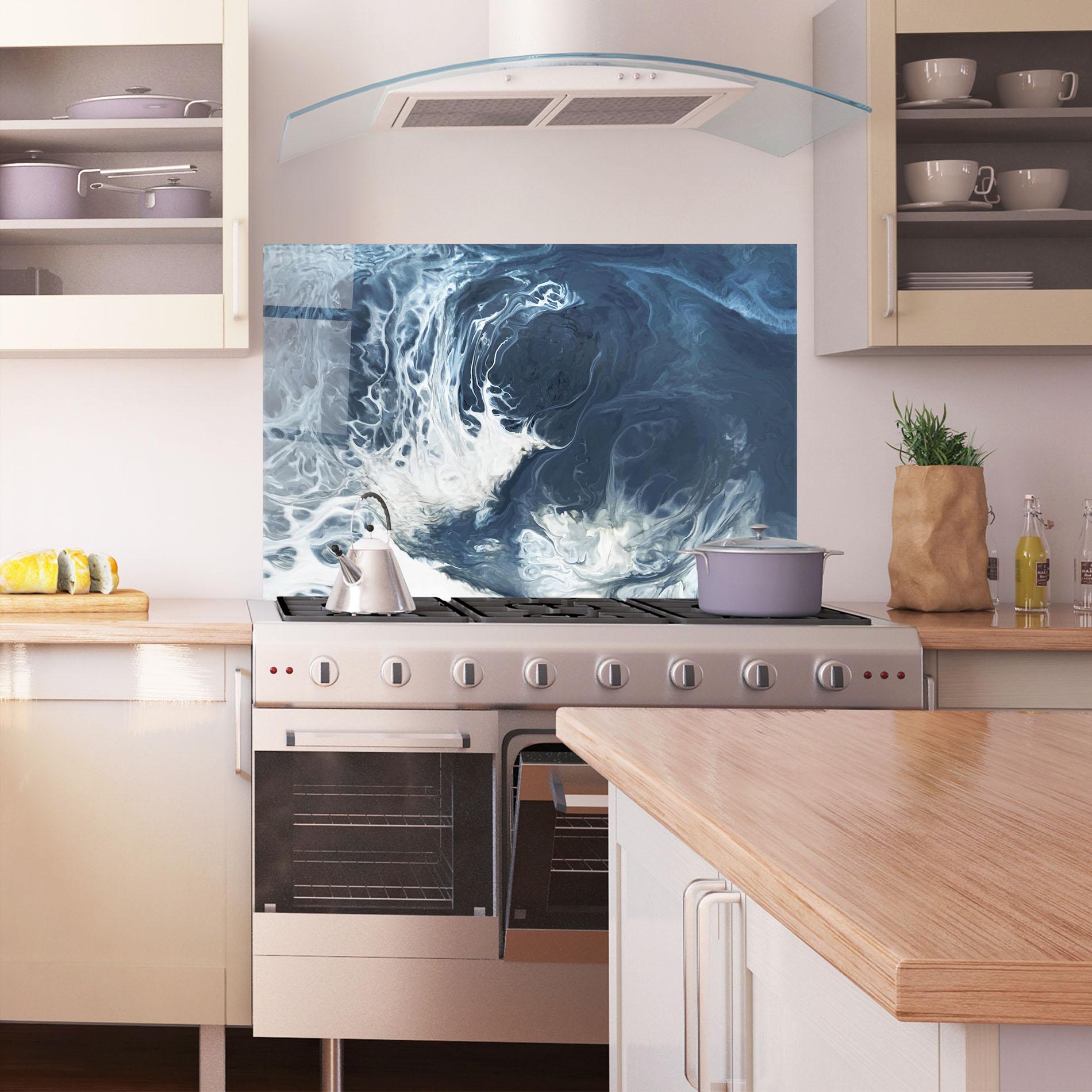 Küchenrückwand Glas Blue White Waves mockup 1