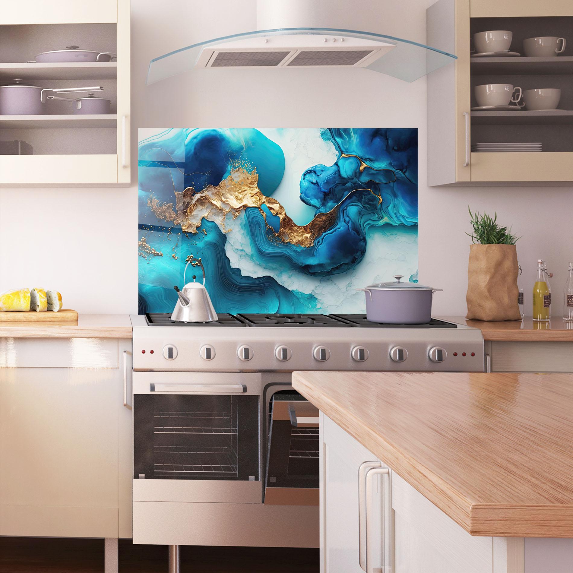 Küchenrückwand Glas Gold Blue Art Wave mockup 1