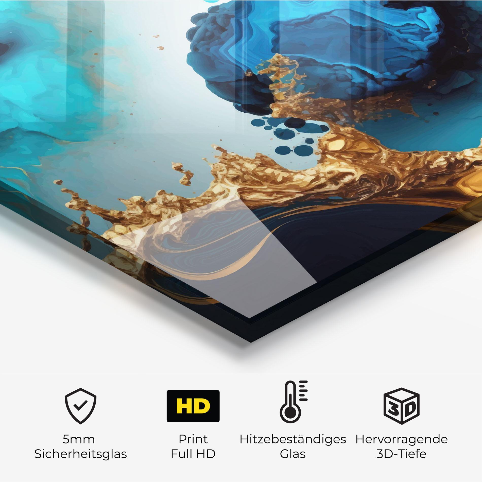 Küchenrückwand Glas Blue Gold Wave mockup 2