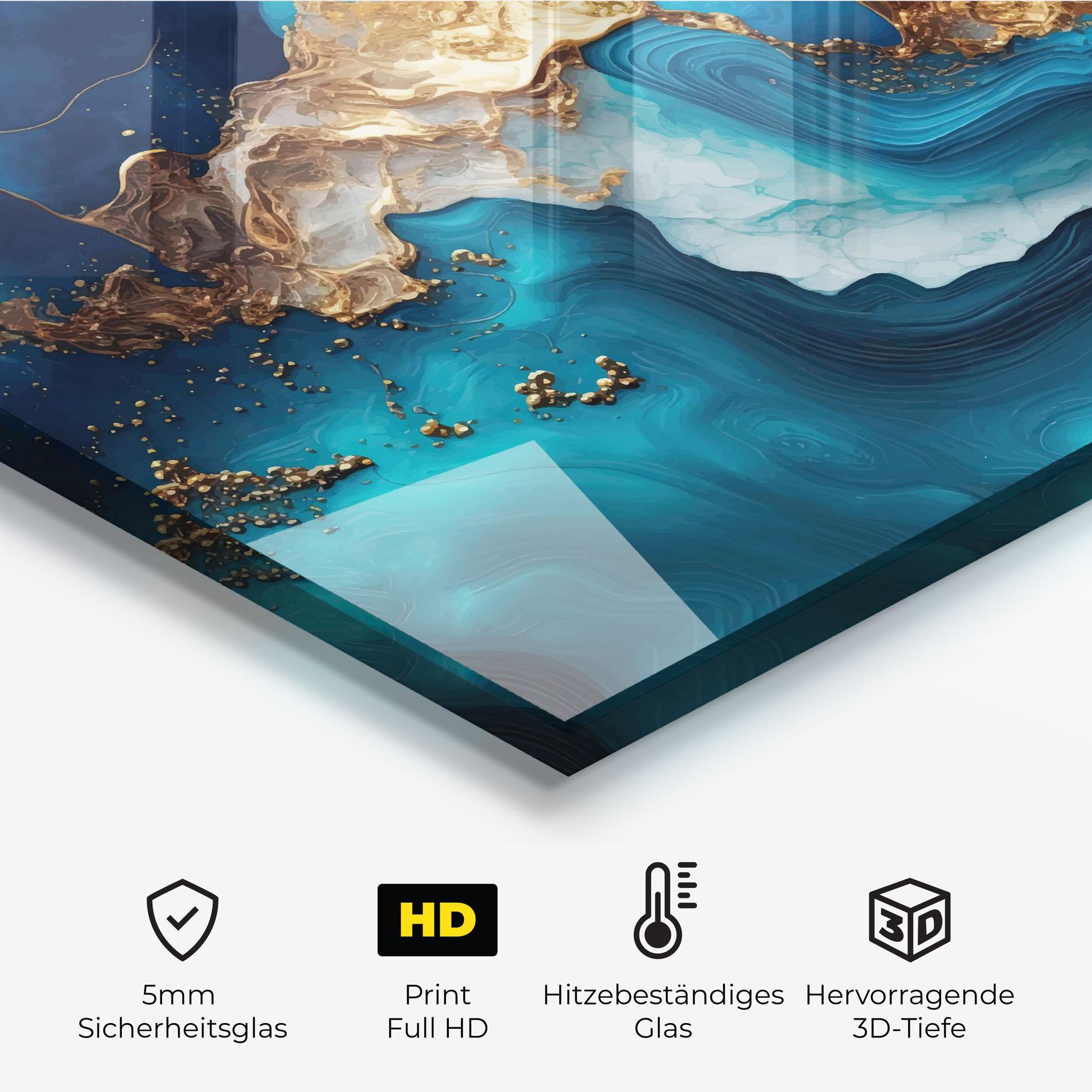 Küchenrückwand Glas Gold Blue Art Wave mockup 2