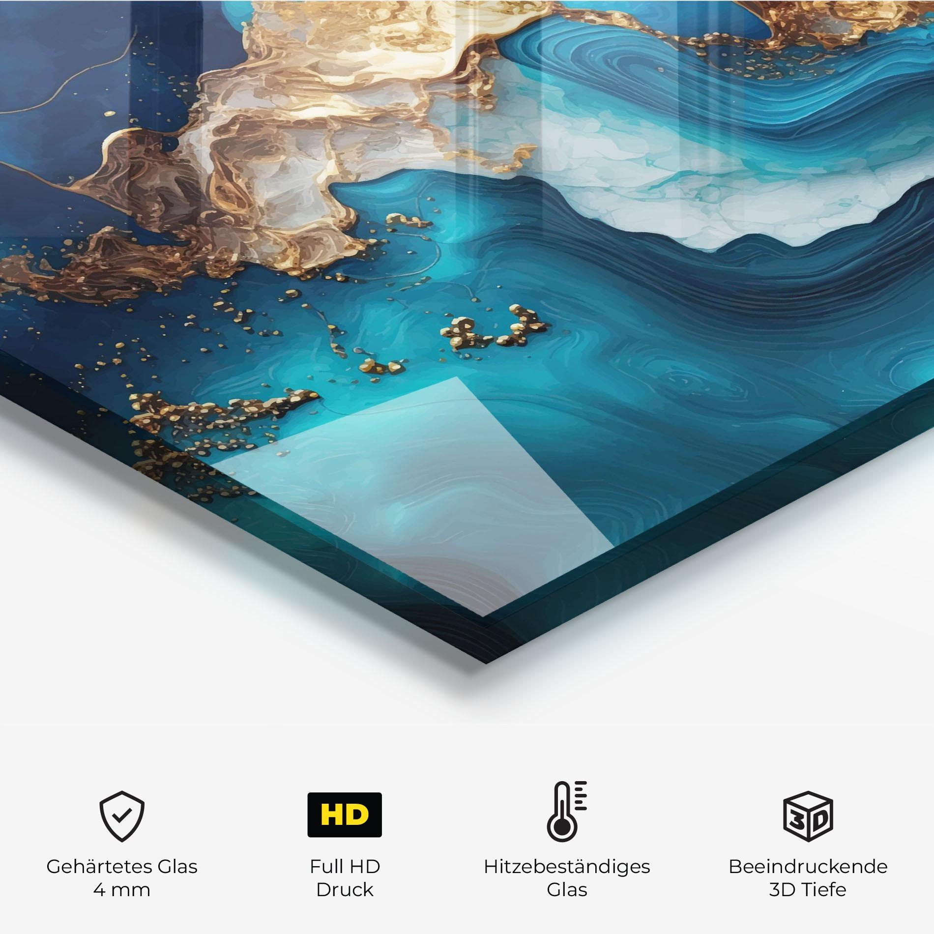Küchenrückwand Glas Gold Blue Art Wave mockup 2