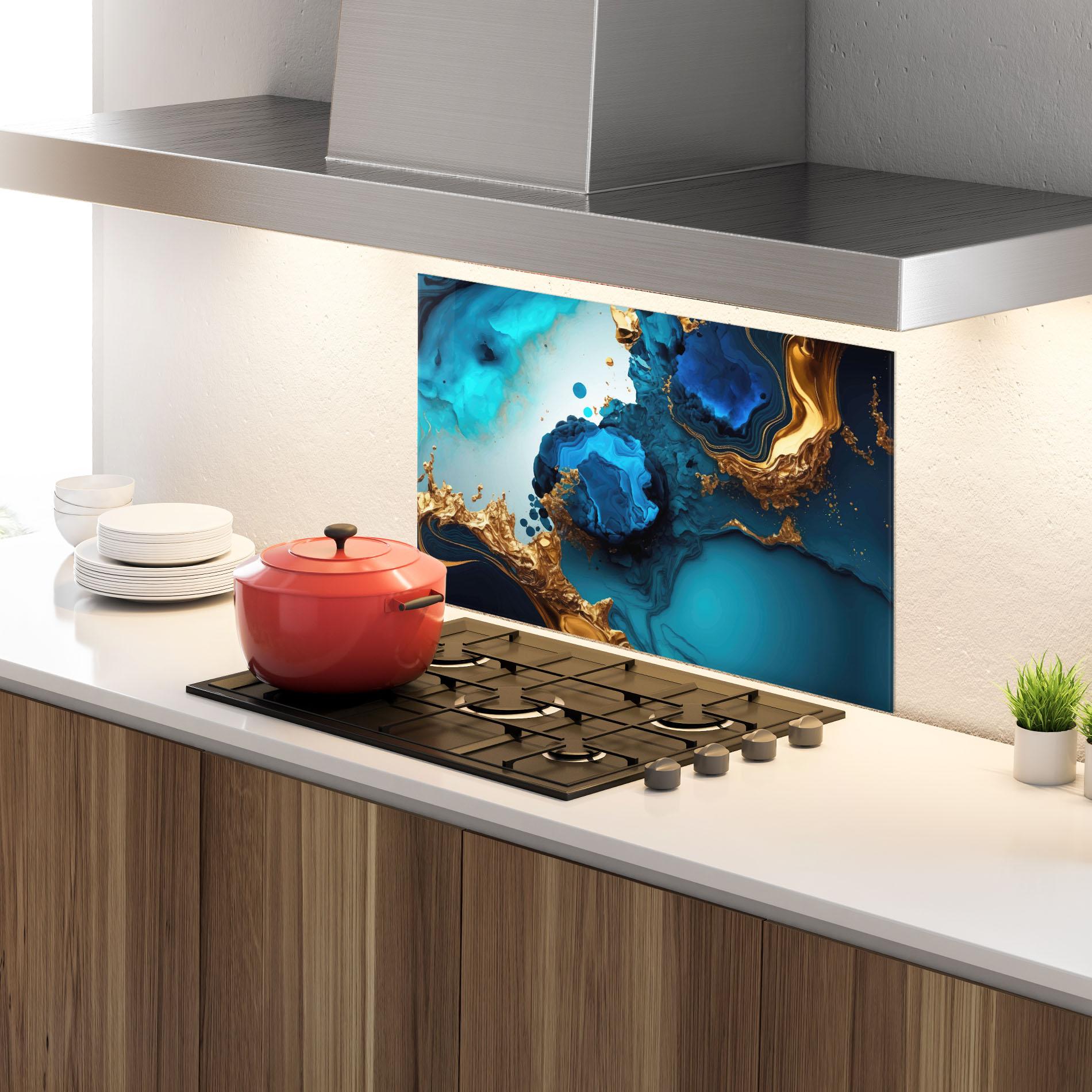 Küchenrückwand Glas Blue Gold Wave mockup 4