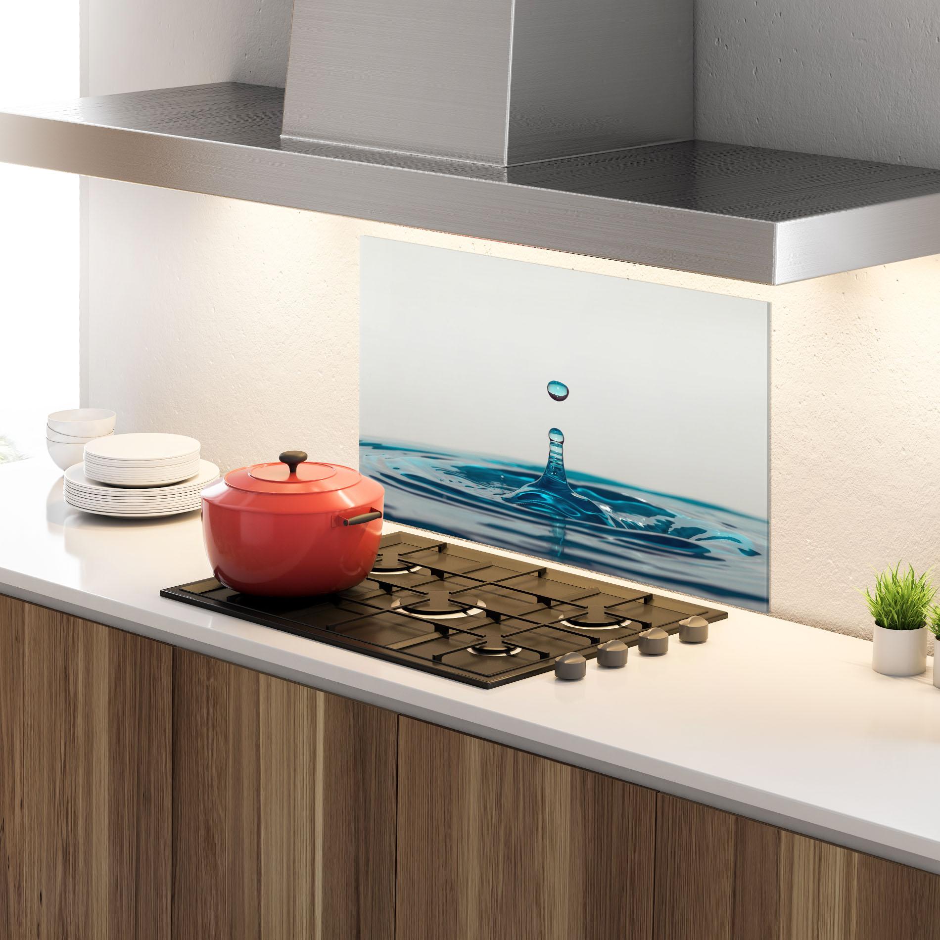 Küchenrückwand Glas Blue Water Drop mockup 4