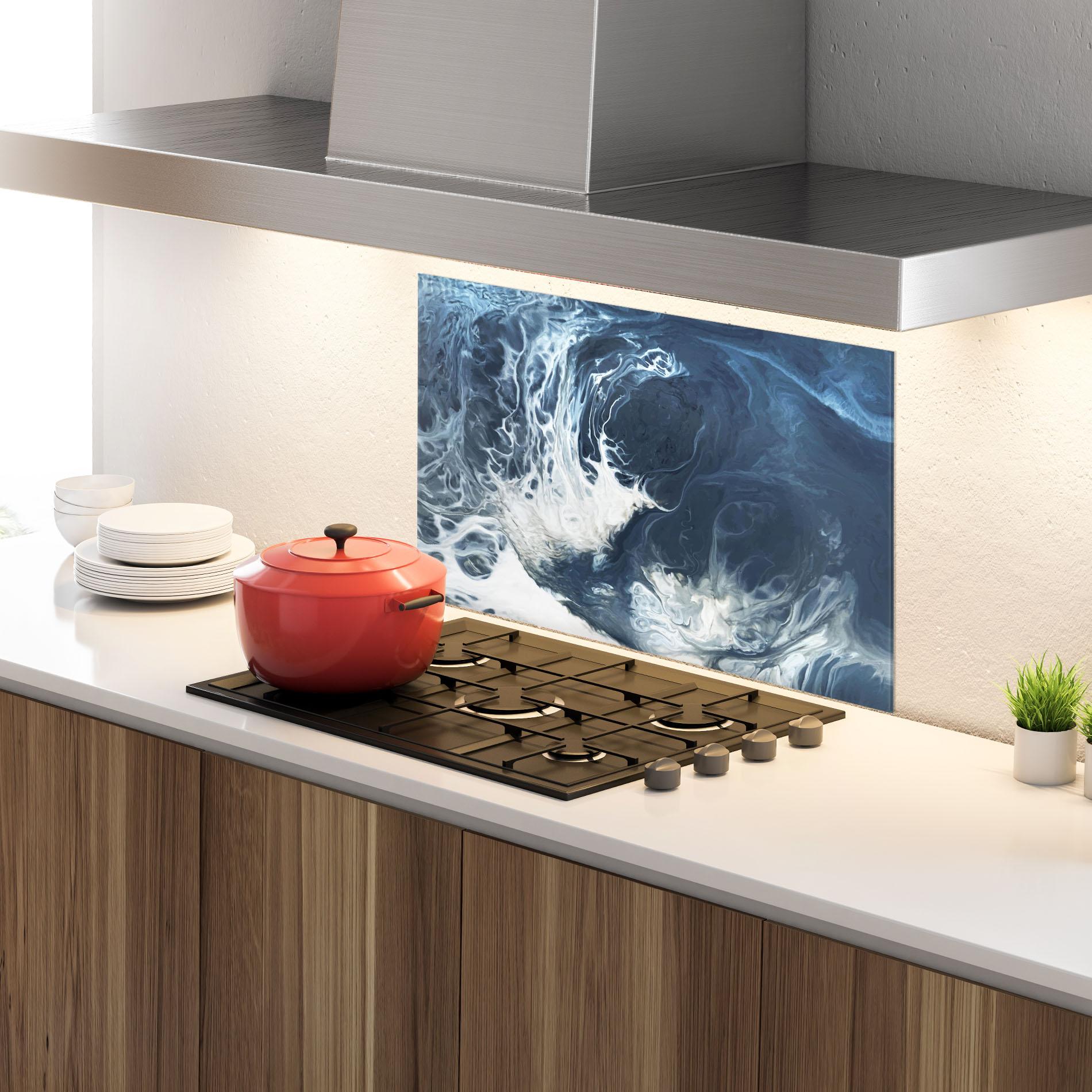 Küchenrückwand Glas Blue White Waves mockup 4