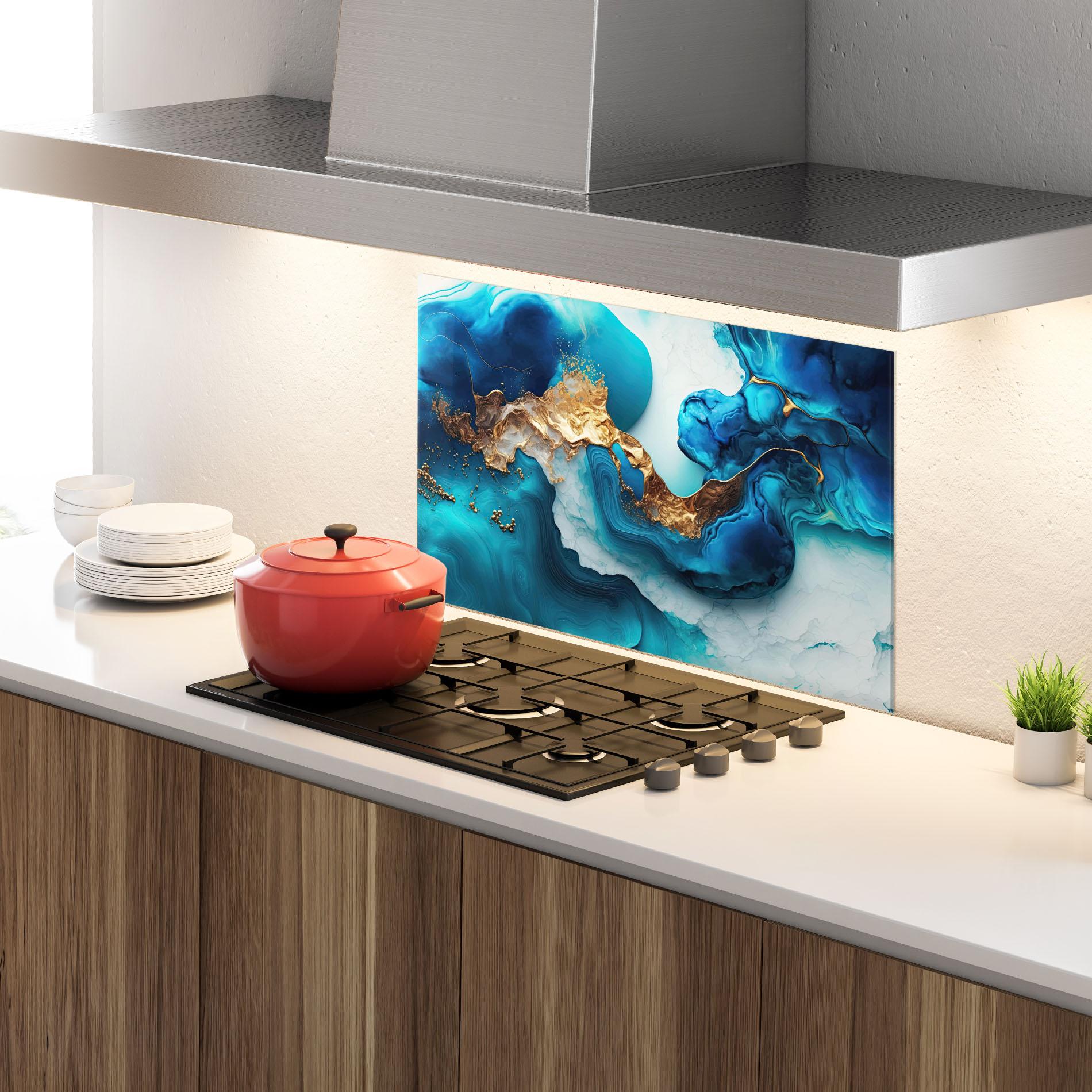 Küchenrückwand Glas Gold Blue Art Wave mockup 4
