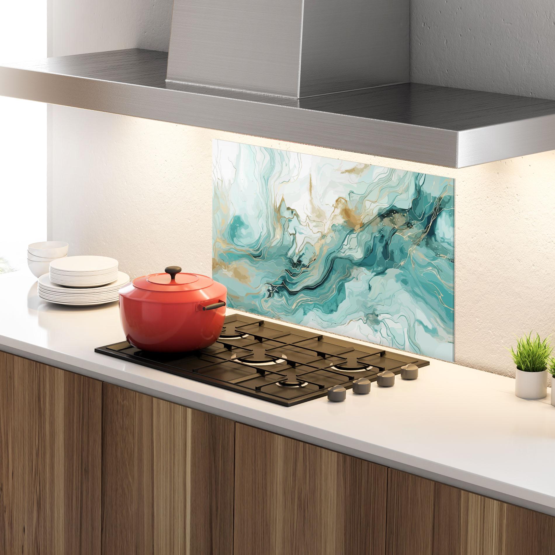 Küchenrückwand Glas Green Gold Water mockup 4