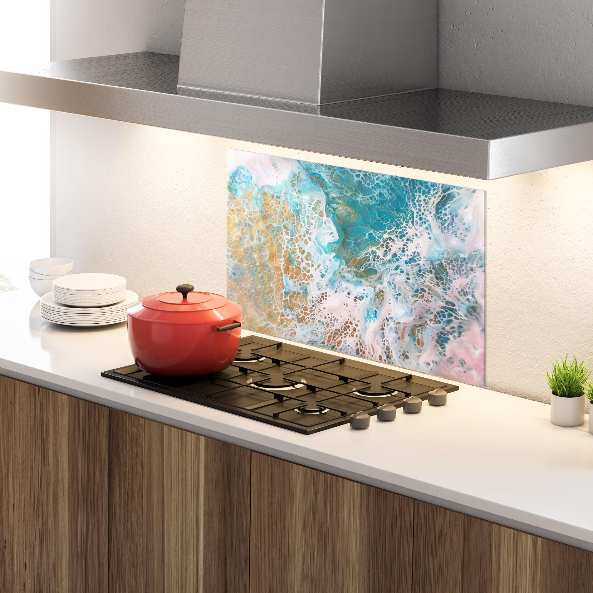 Küchenrückwand Glas Ocean Gold Blue mockup 4