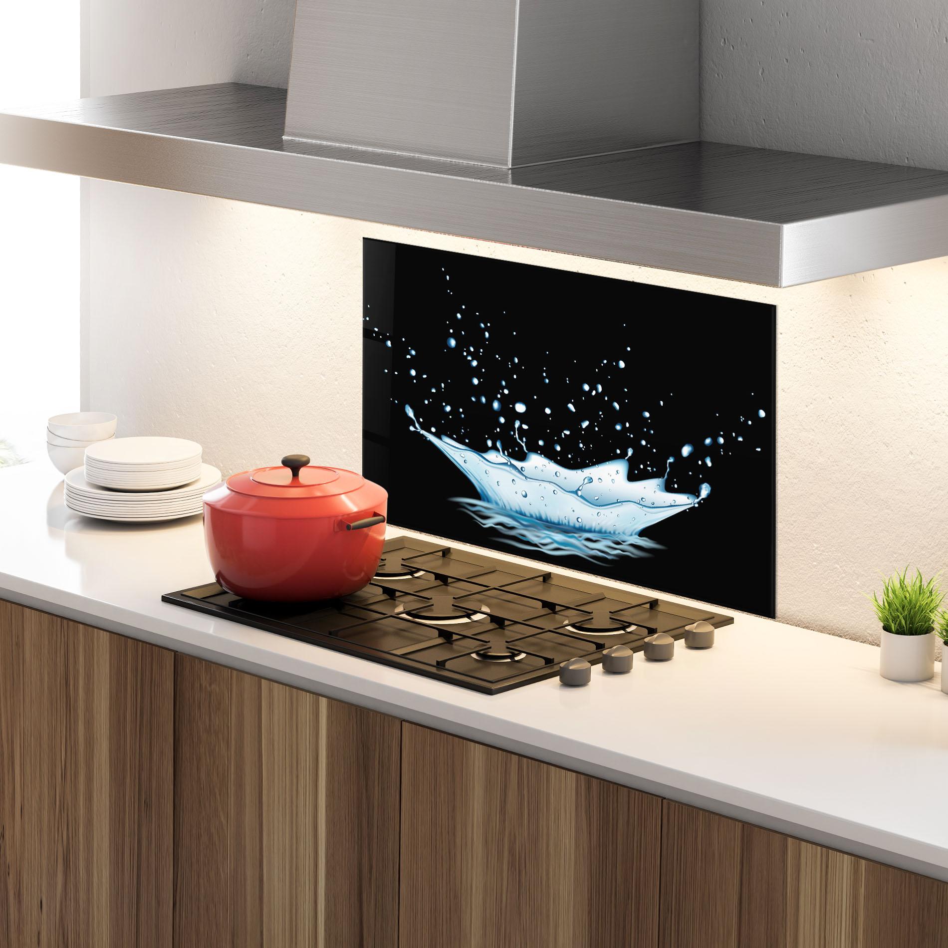 Küchenrückwand Glas Water Splash On Black mockup 4