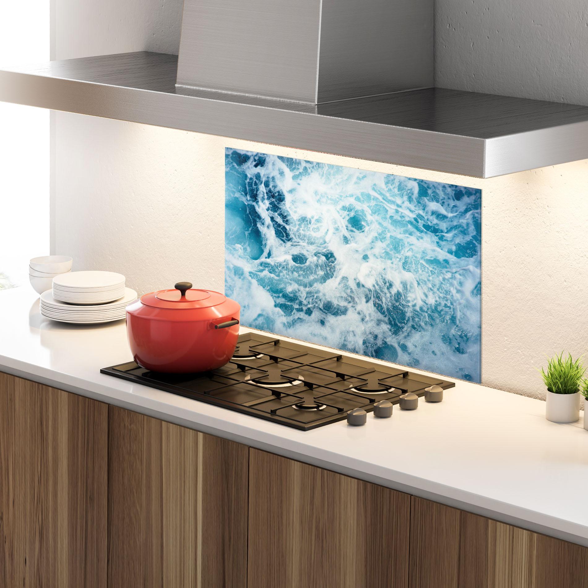 Küchenrückwand Glas White Water Wave mockup 4