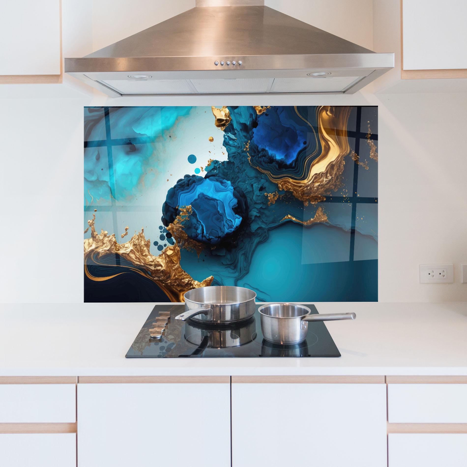 Küchenrückwand Glas Blue Gold Wave mockup 5