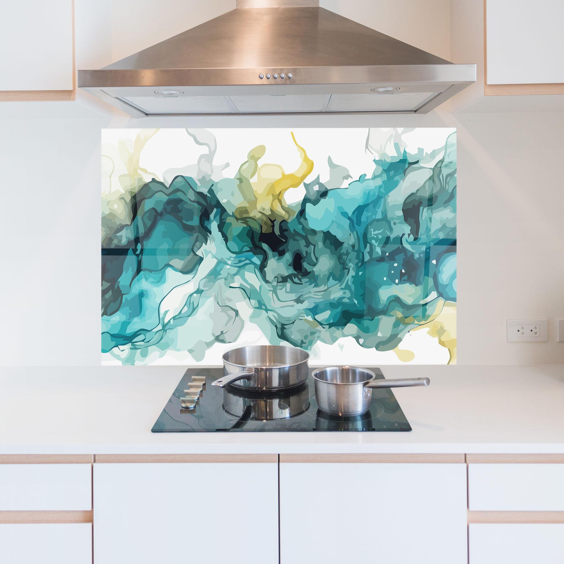 Küchenrückwand Glas Blue Yellow Art mockup 5