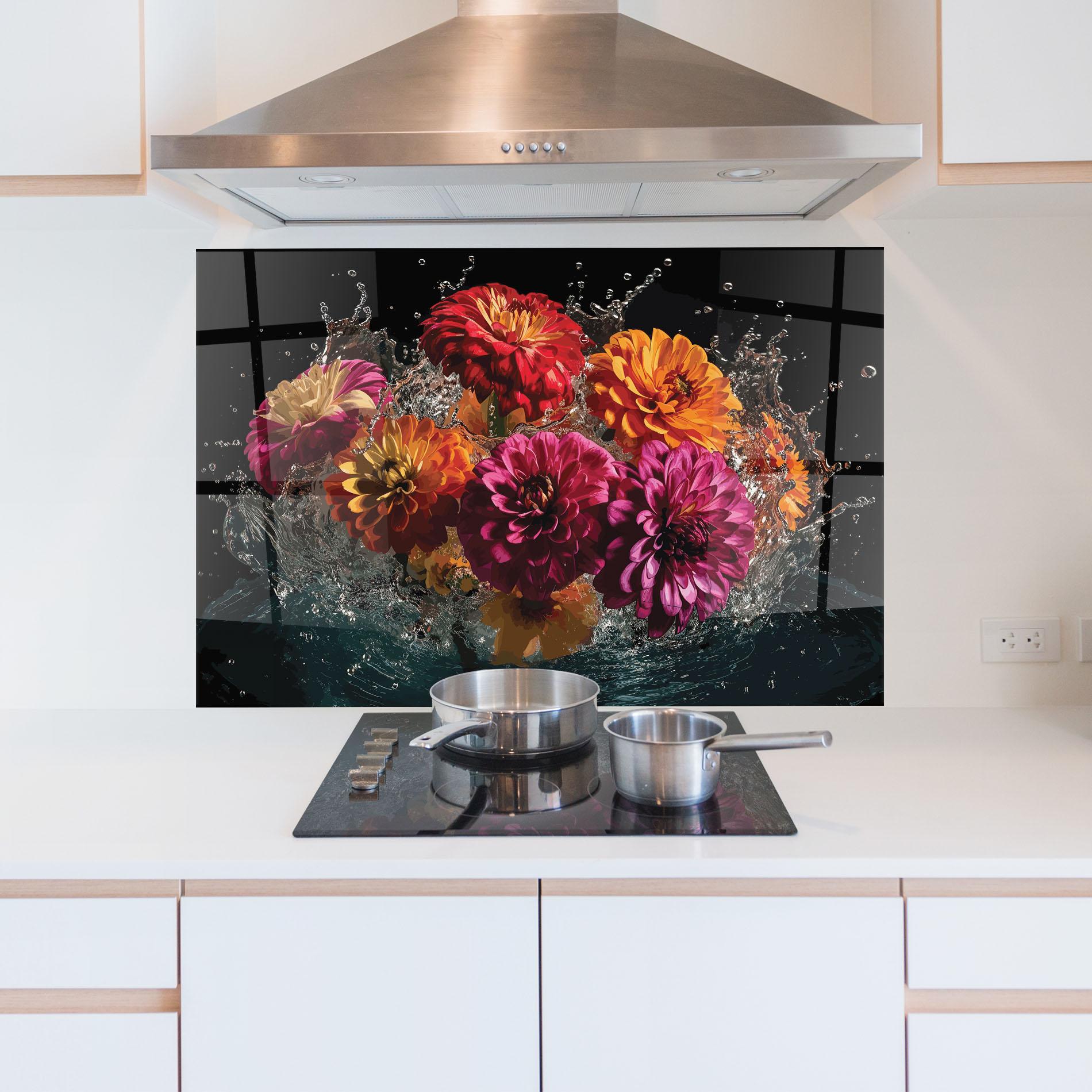 Küchenrückwand Glas Flower Water Splash mockup 5