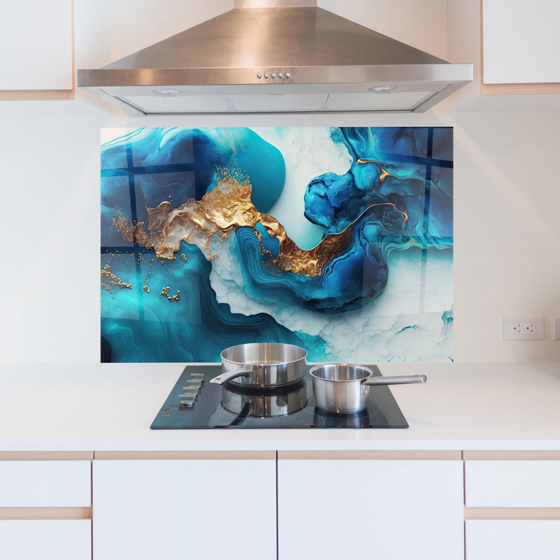 Küchenrückwand Glas Gold Blue Art Wave mockup 5