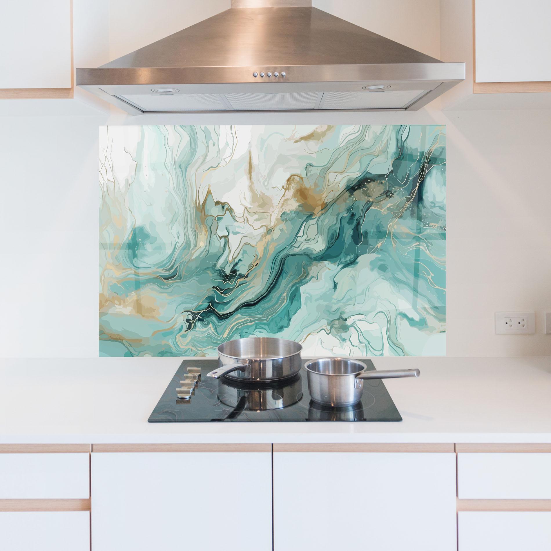 Küchenrückwand Glas Green Gold Water mockup 5