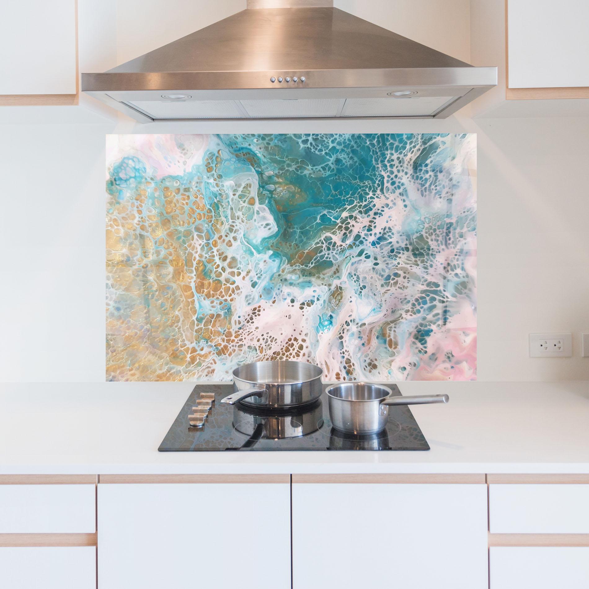 Küchenrückwand Glas Ocean Gold Blue mockup 5