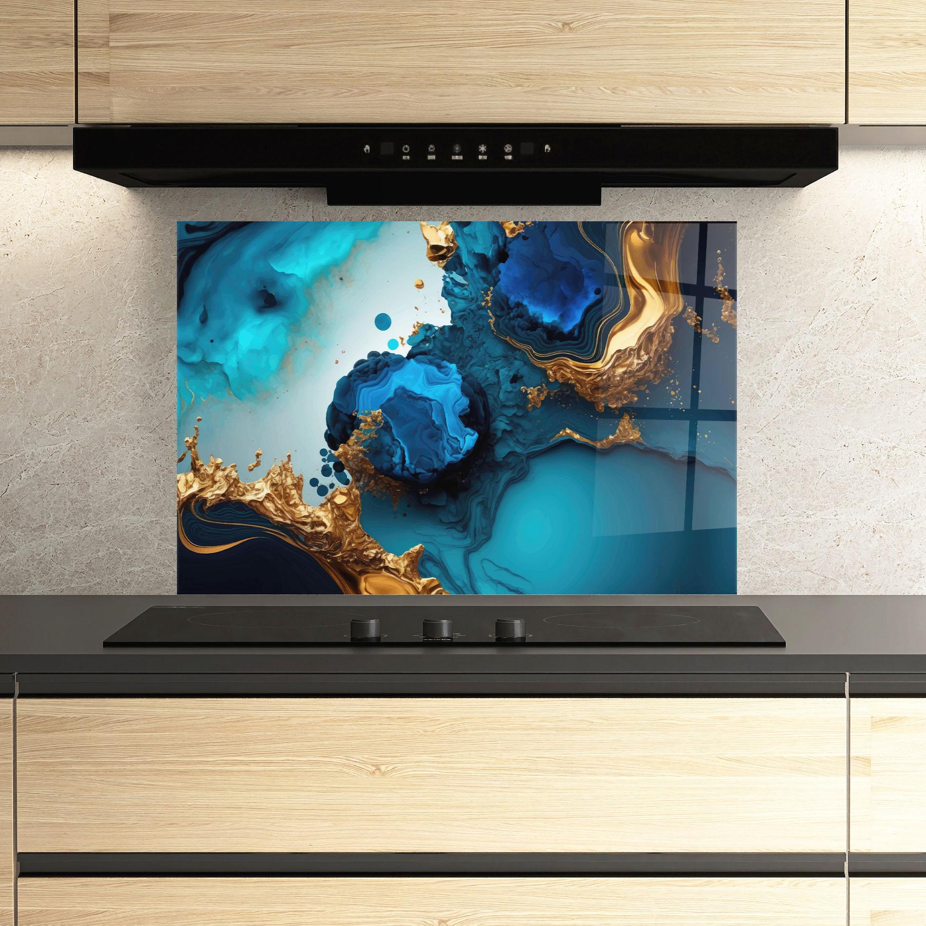 Küchenrückwand Glas Blue Gold Wave mockup 3