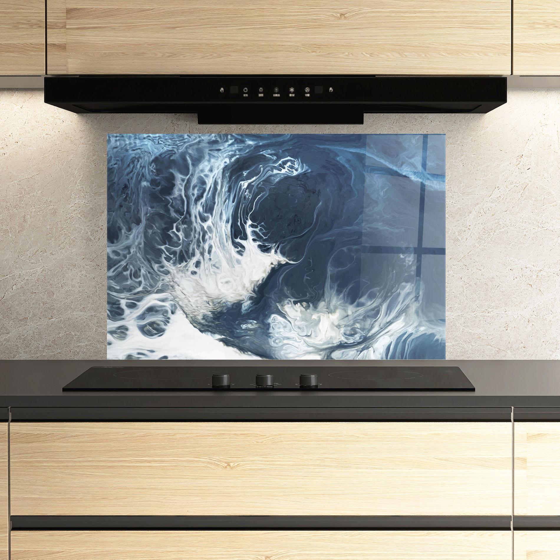 Küchenrückwand Glas Blue White Waves mockup 3
