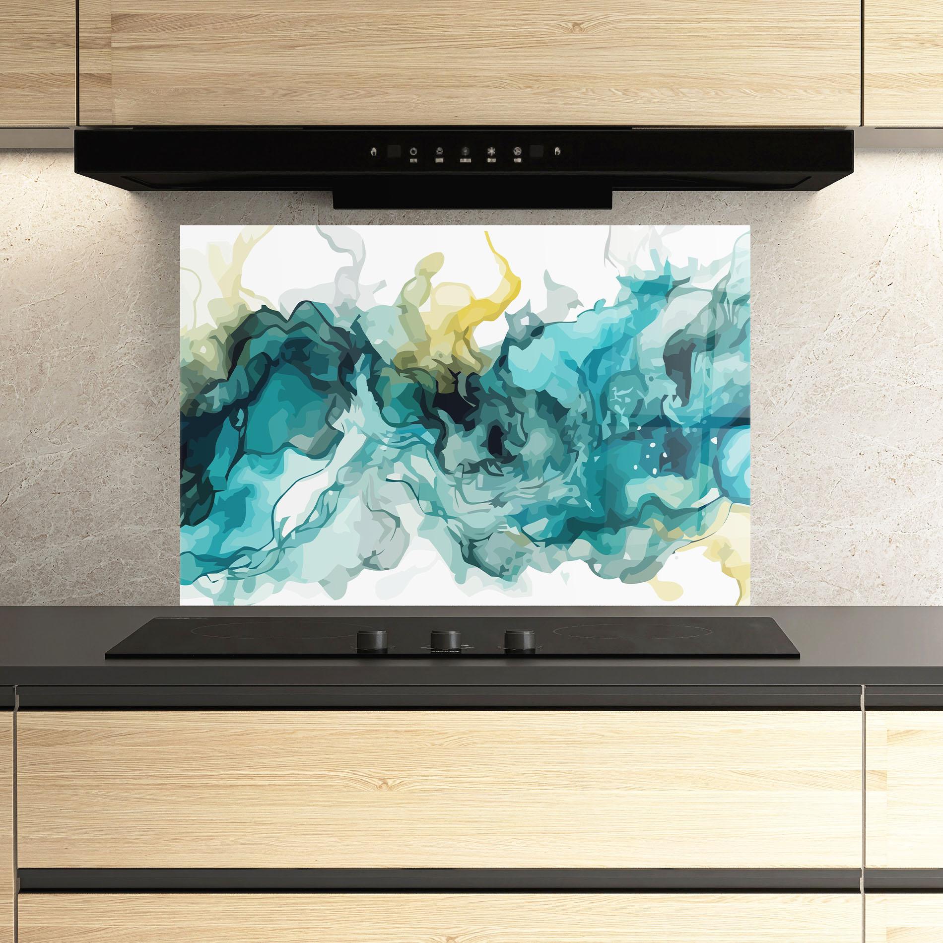 Küchenrückwand Glas Blue Yellow Art mockup 3