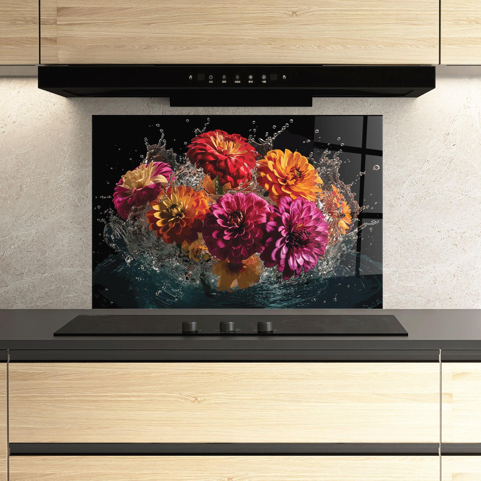 Küchenrückwand Glas Flower Water Splash mockup 3
