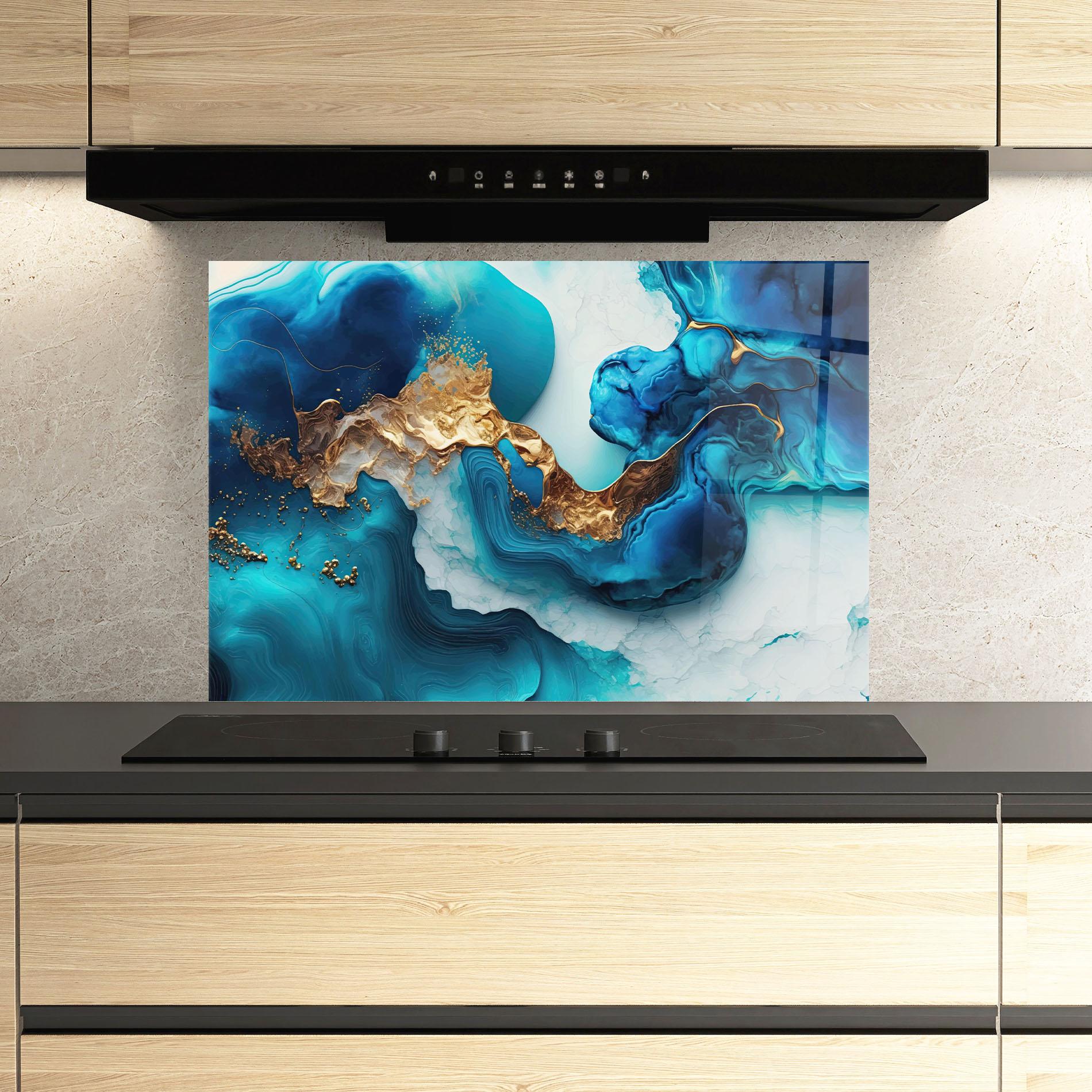 Küchenrückwand Glas Gold Blue Art Wave mockup 3