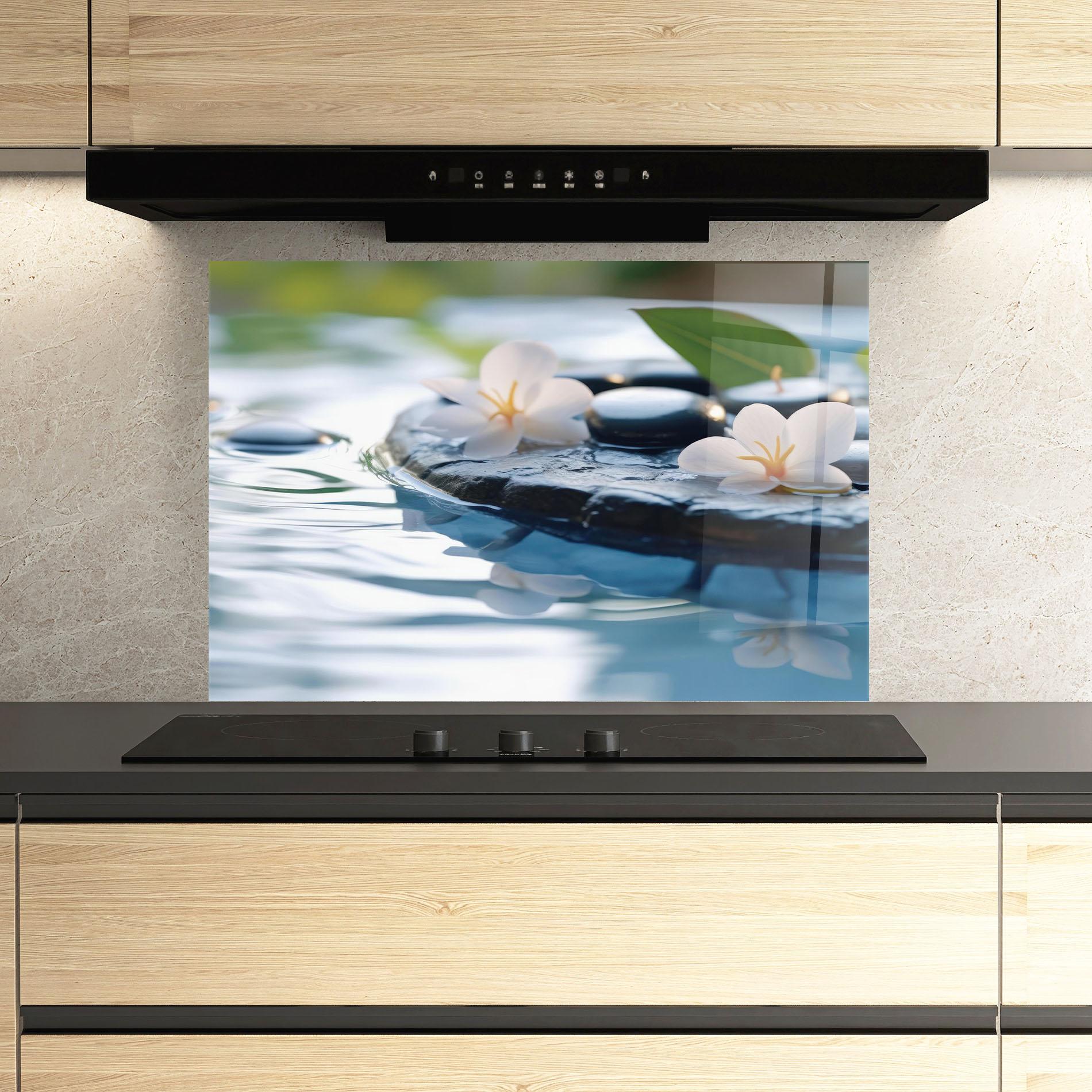 Küchenrückwand Glas Water White Flowers mockup 3