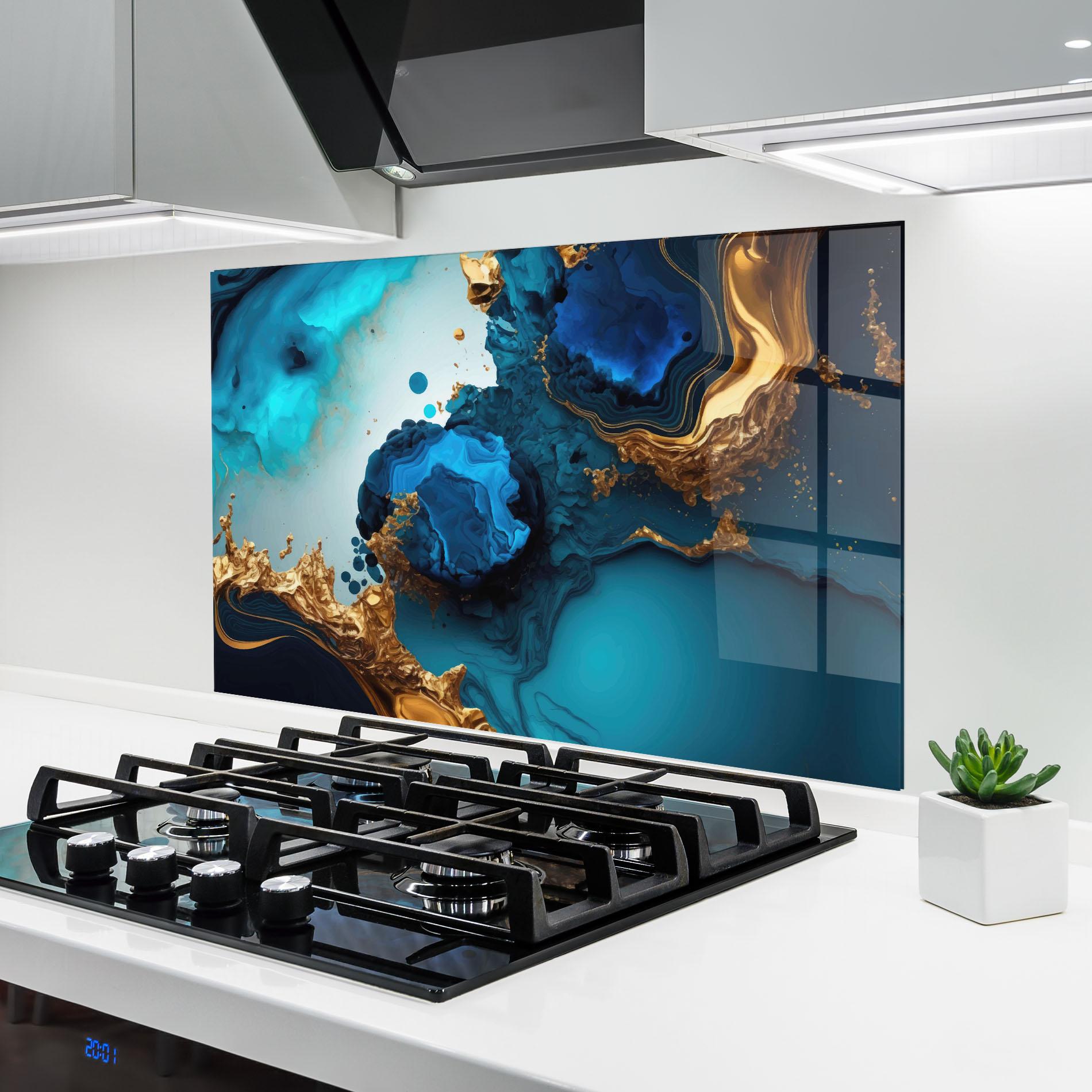 Küchenrückwand Glas Blue Gold Wave mockup 6