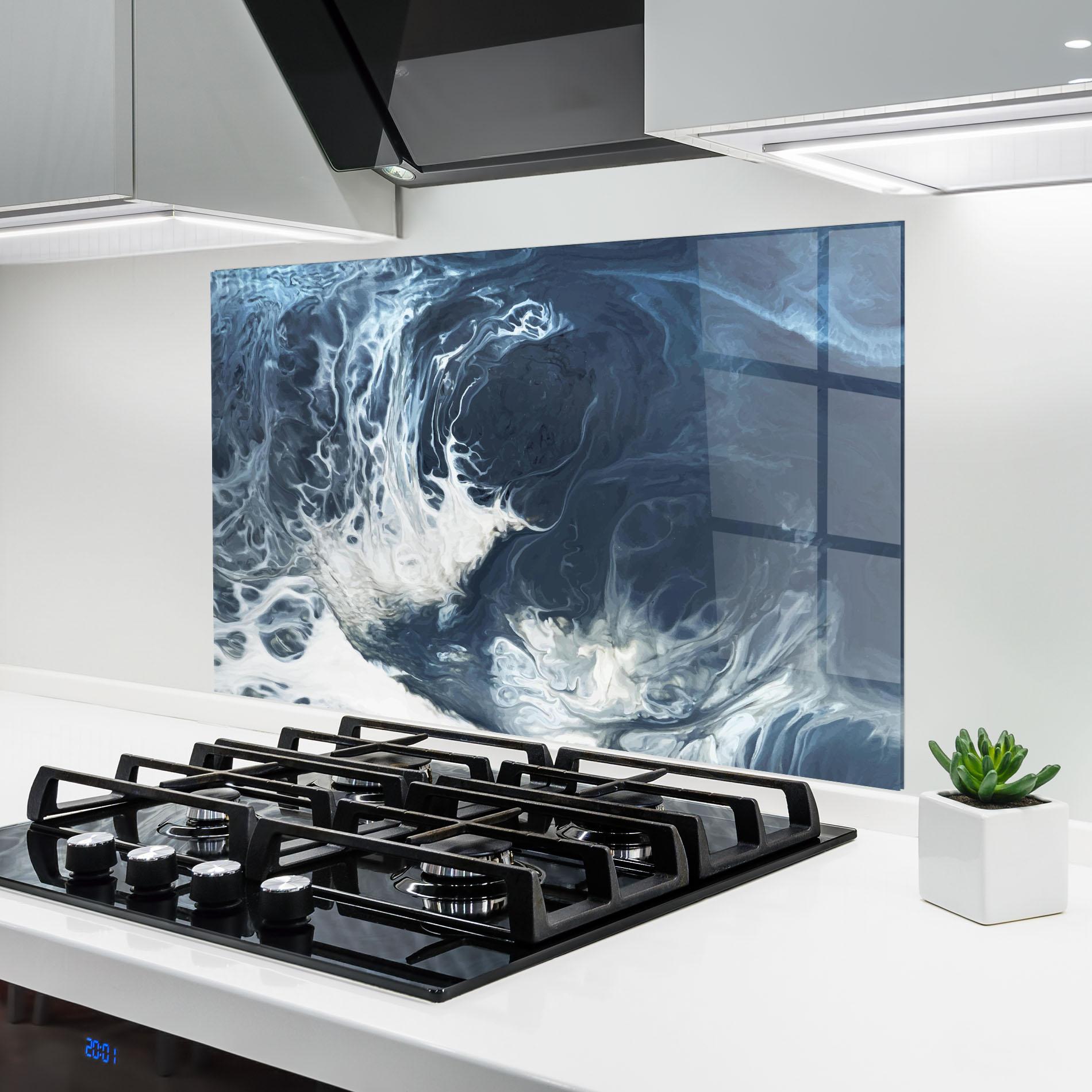 Küchenrückwand Glas Blue White Waves mockup 6