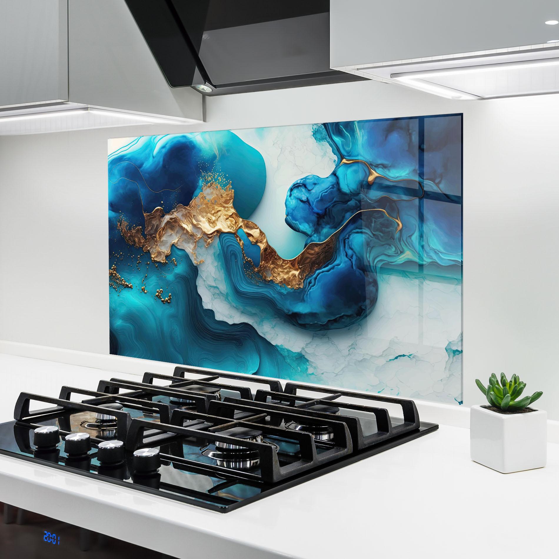 Küchenrückwand Glas Gold Blue Art Wave mockup 6