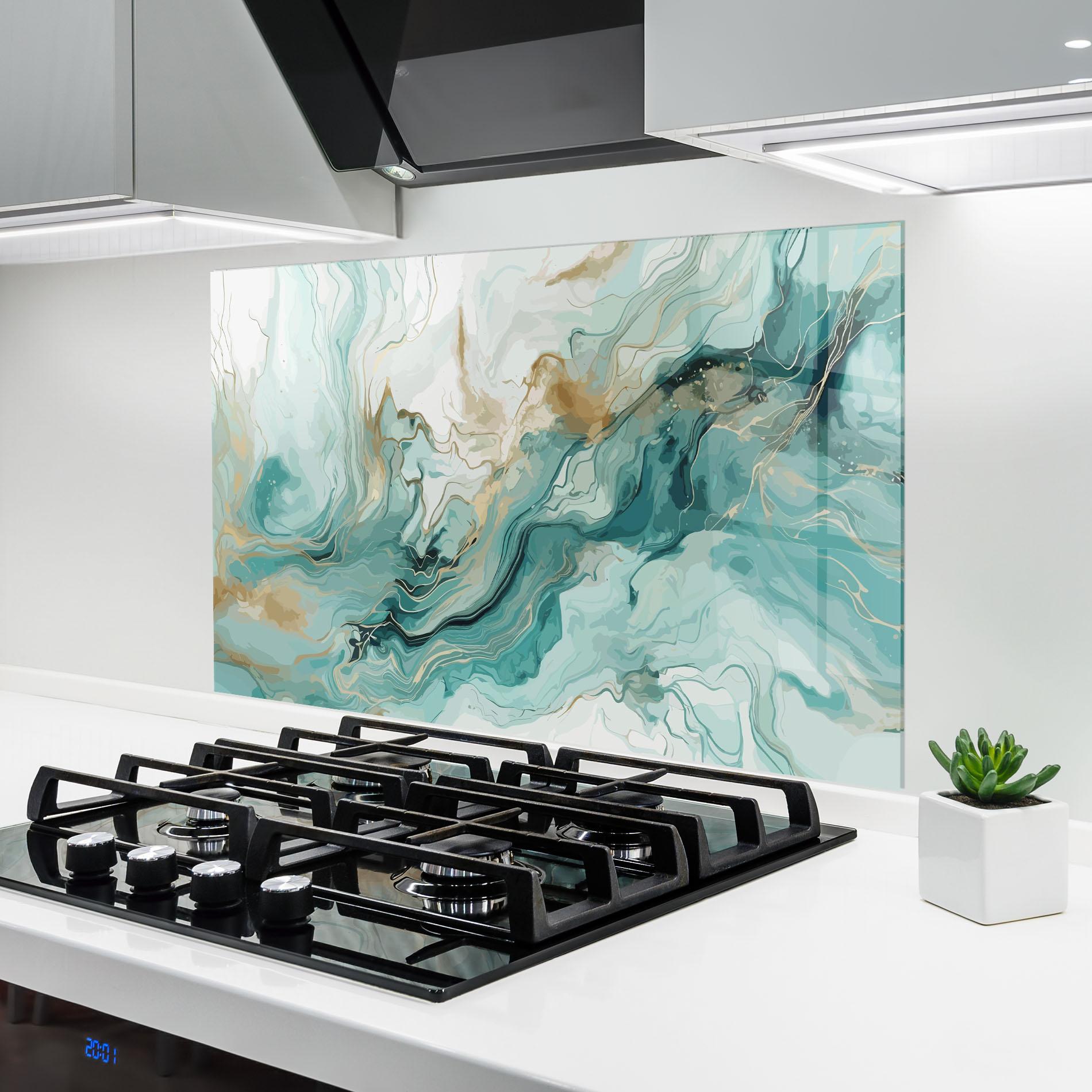 Küchenrückwand Glas Green Gold Water mockup 6