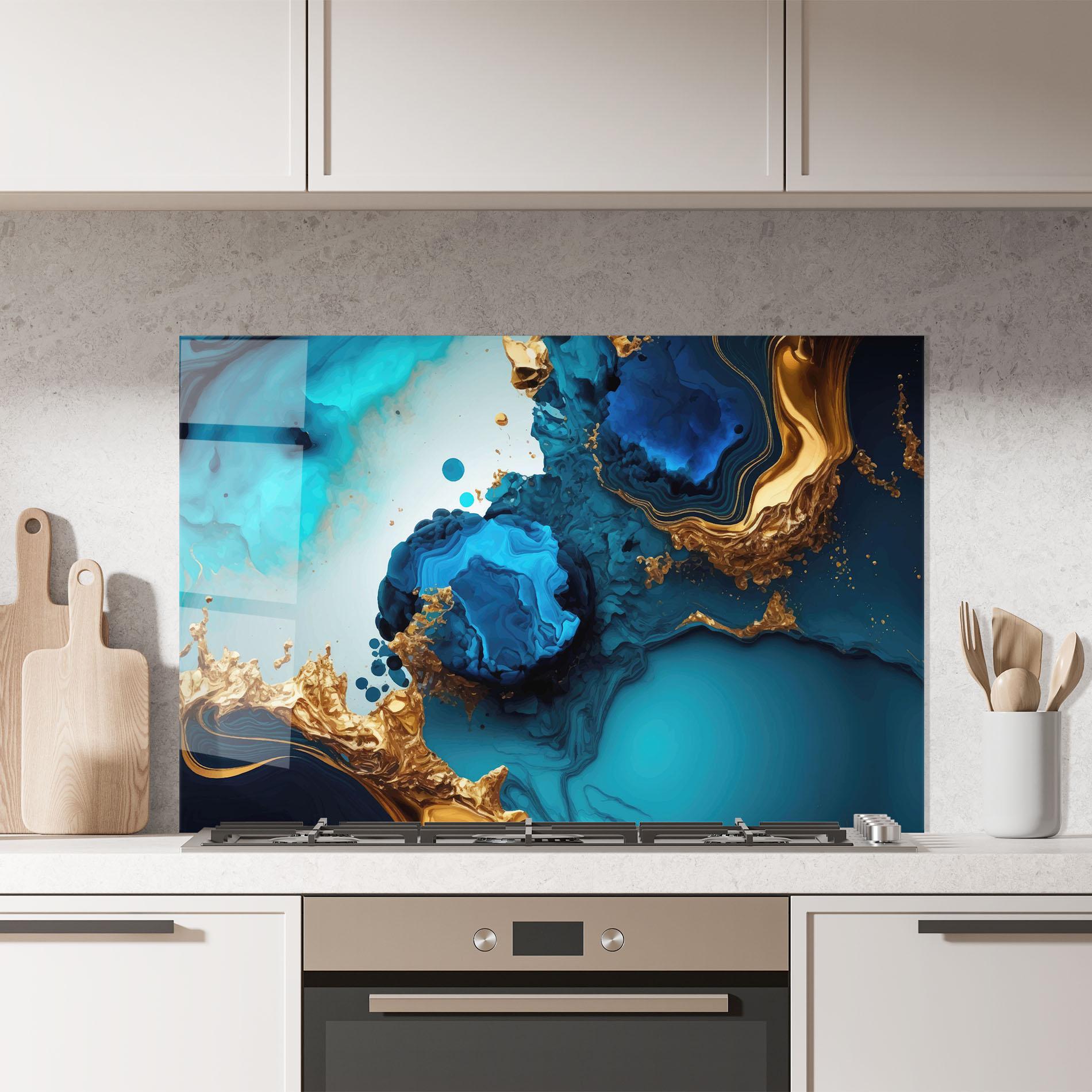 Küchenrückwand Glas Blue Gold Wave mockup 7